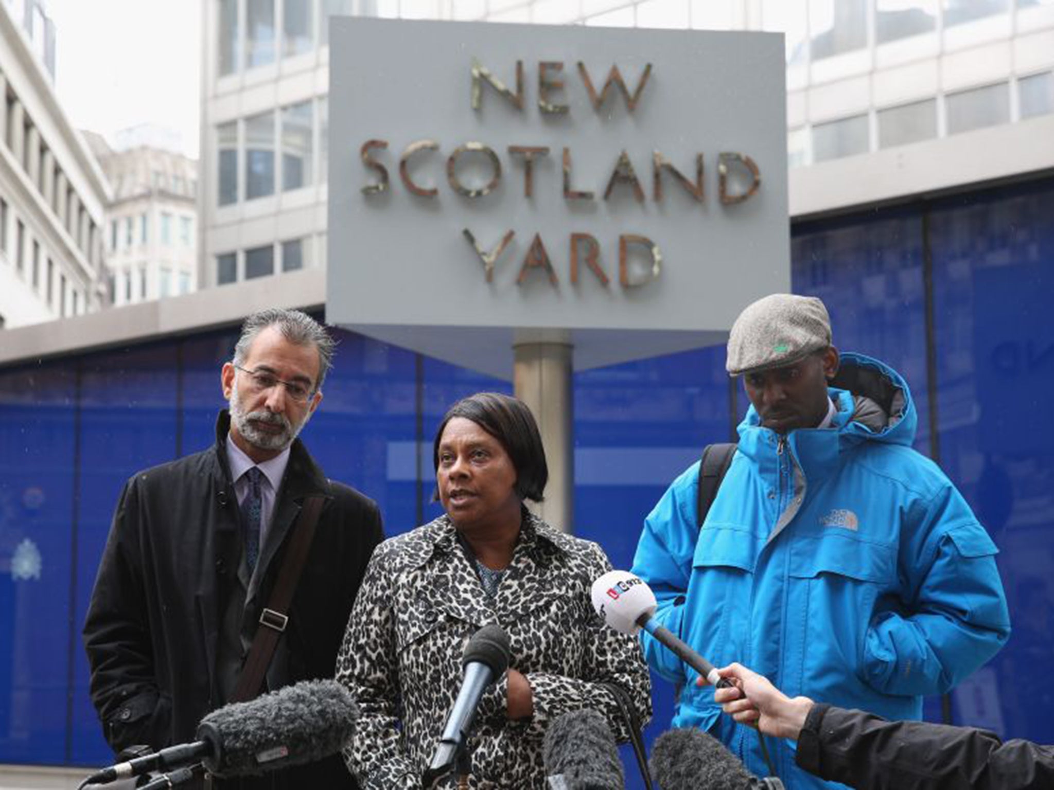 Doreen Lawrence, centre, with son Stuart and solicitor Imran Khan after meeting Met chief Sir Bernard Hogan-Howe in 2013