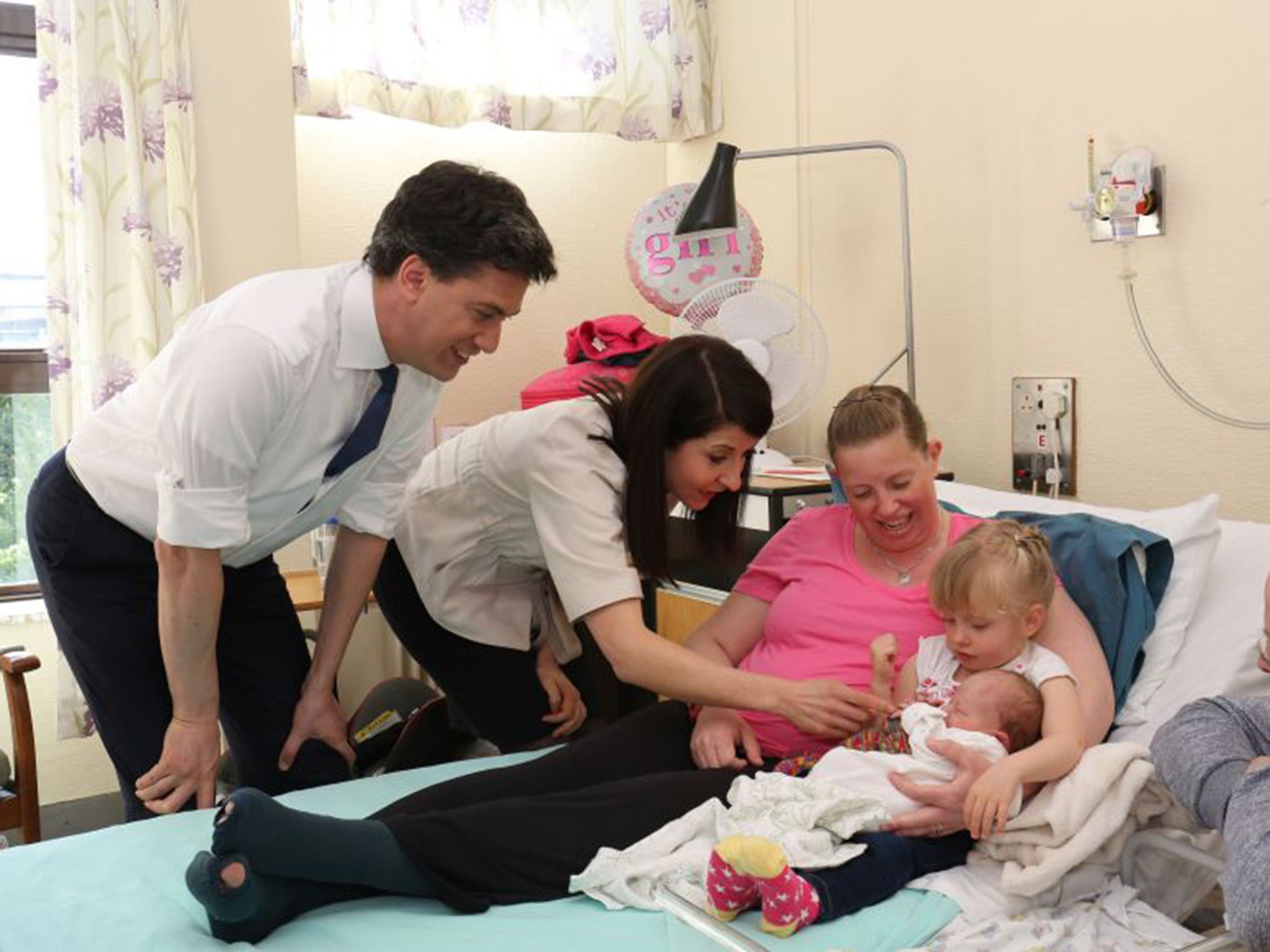 Ed Miliband and shadow health minister Liz Kendall at Airedale Hospital maternity ward in Keighley