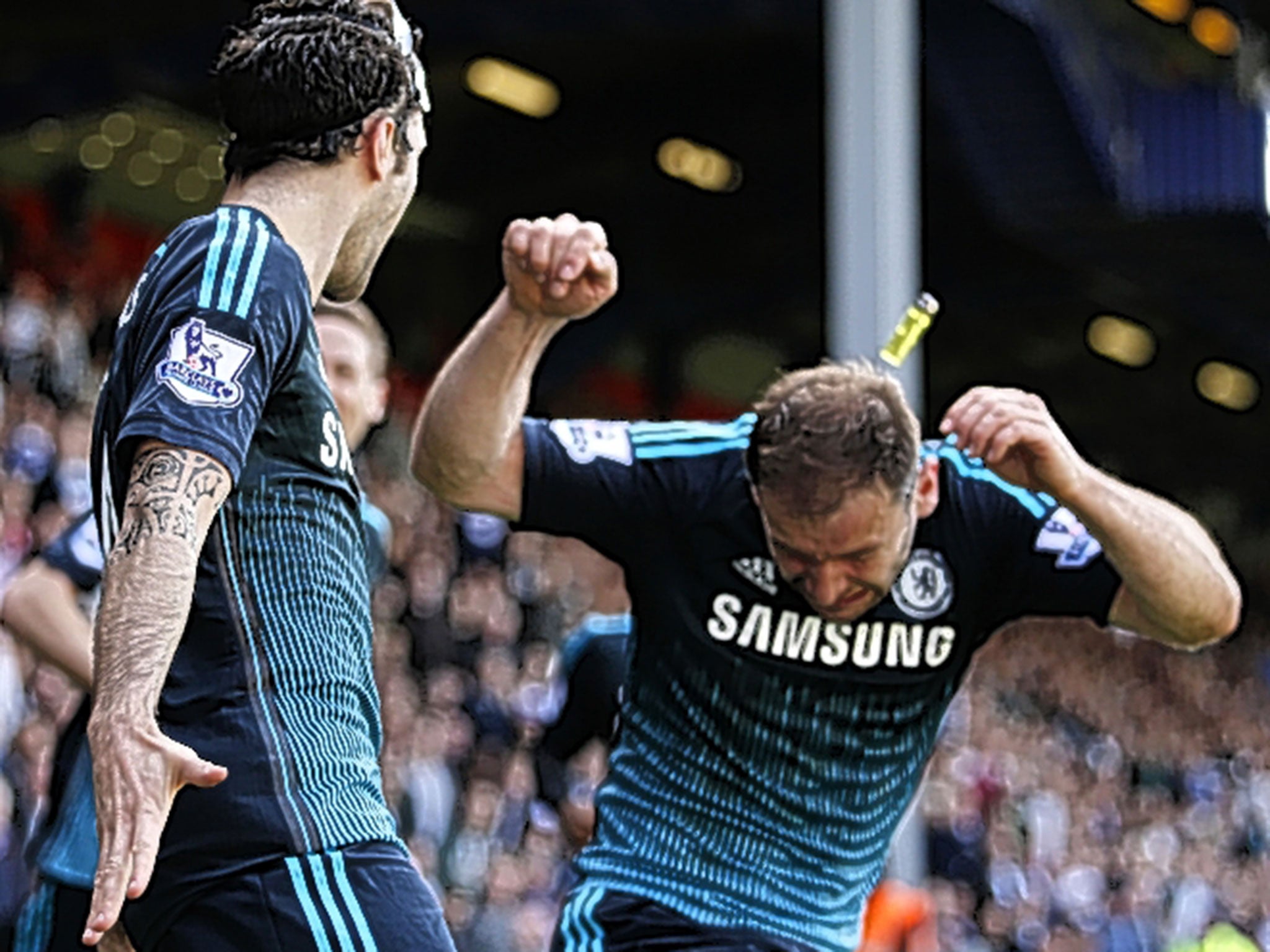 Branislav Ivanovic is hit by a lighter thrown from the crowd after the goal