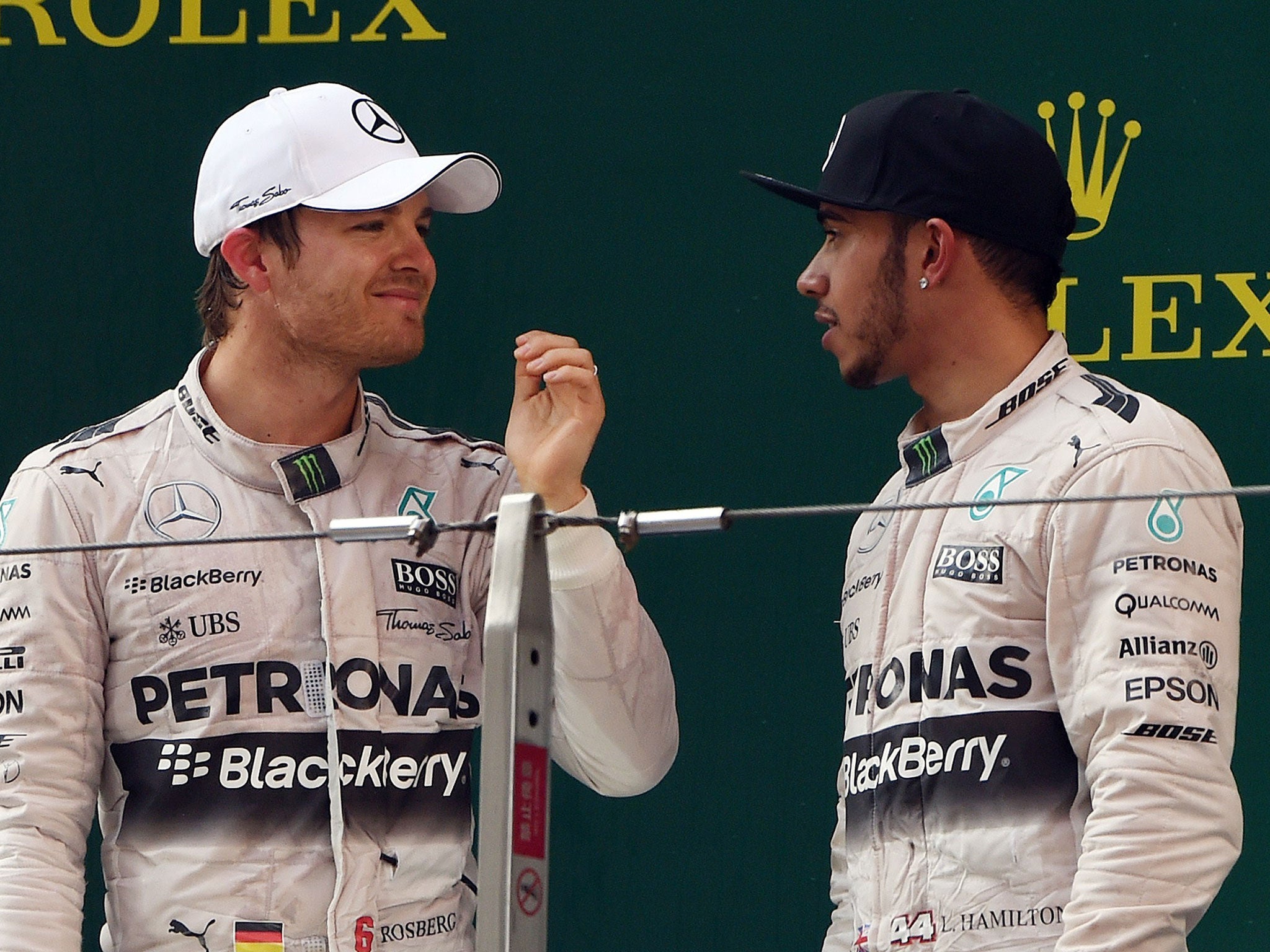 The Mercedes team-mates chat on the podium in Shanghai