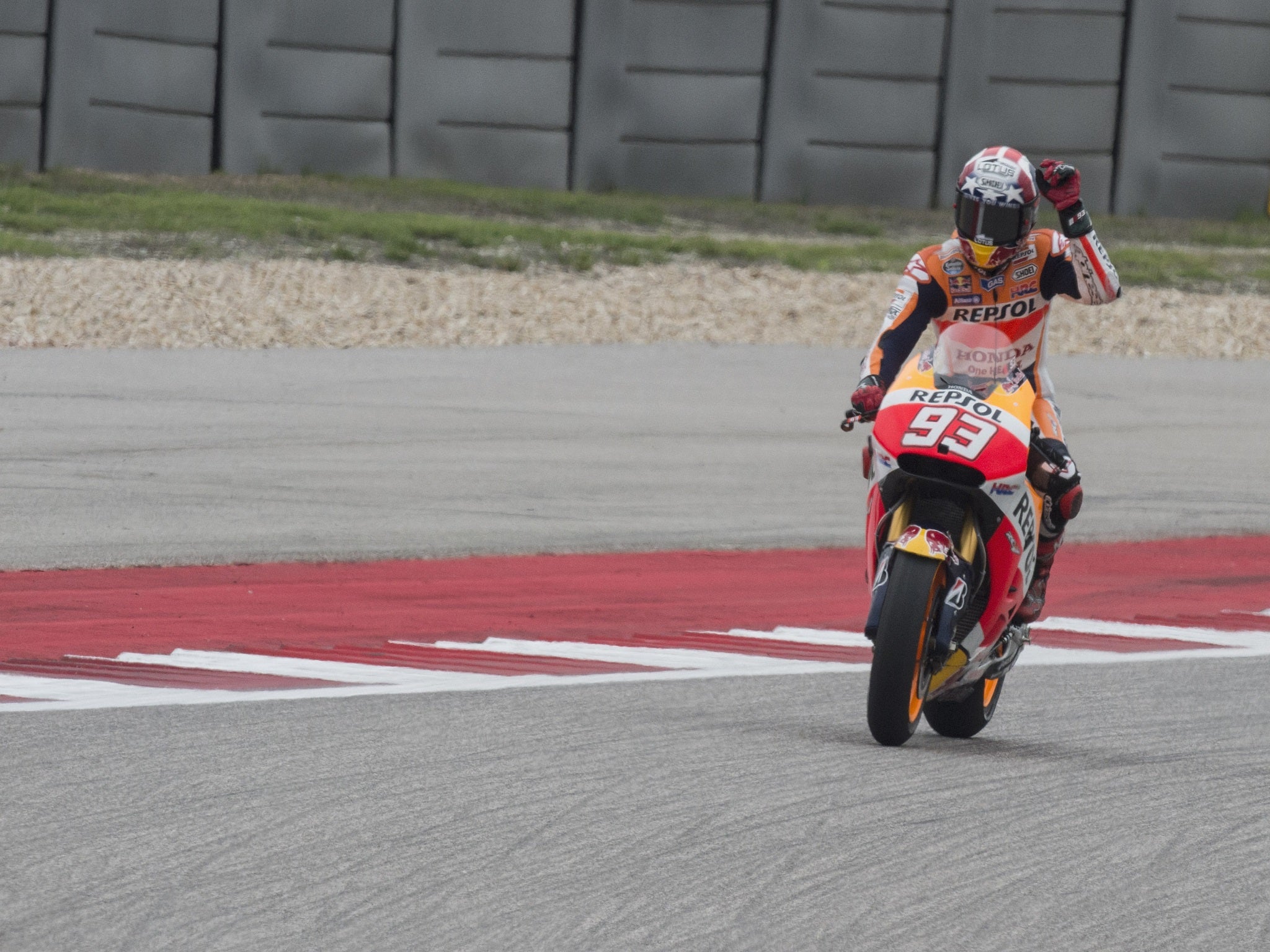 Marc Marquez celebrates winning the American MotoGP Grand Prix