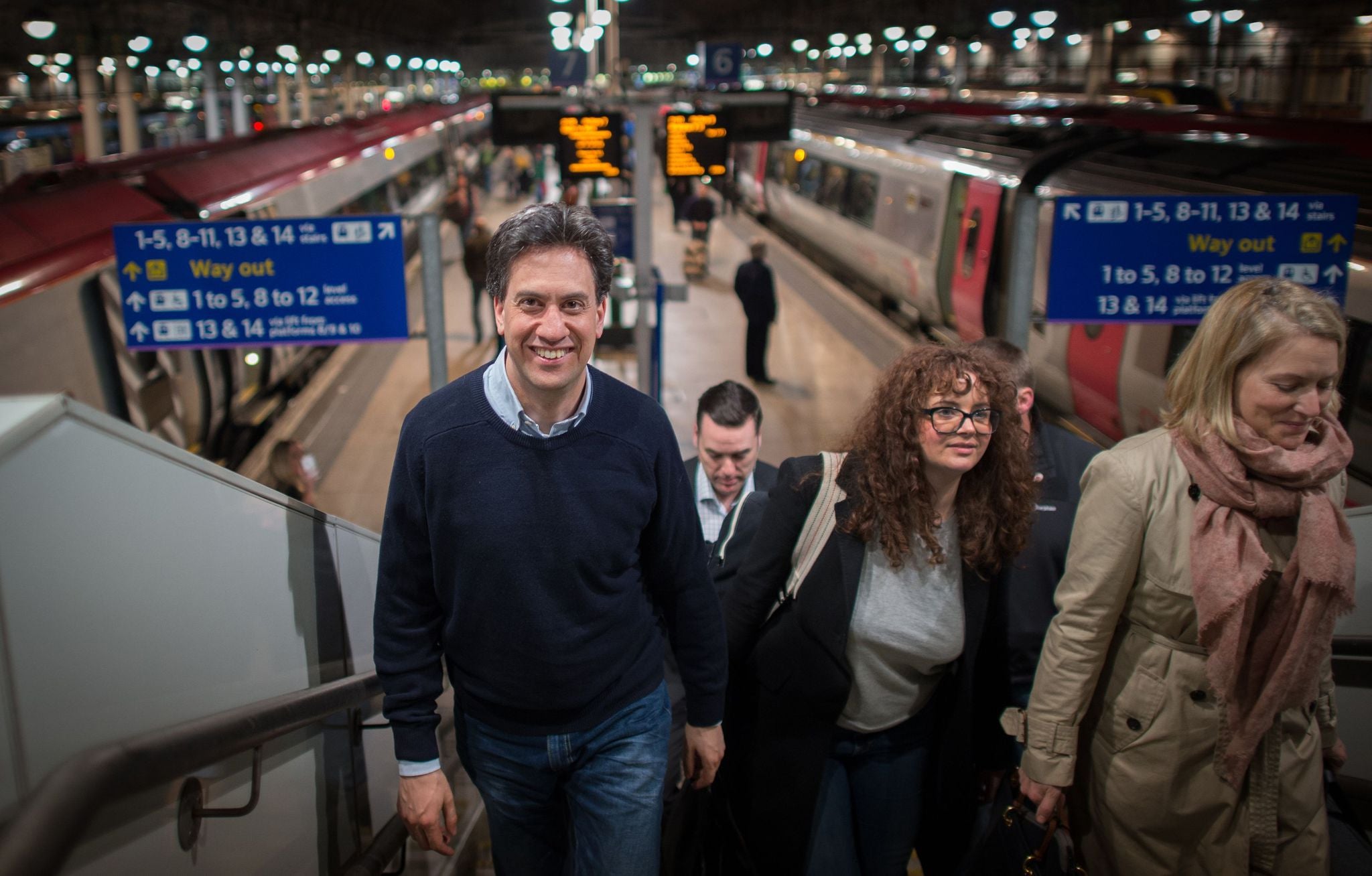 Ed Miliband arriving in Manchester Piccadilly ahead of Labour's manifesto launch (PA)