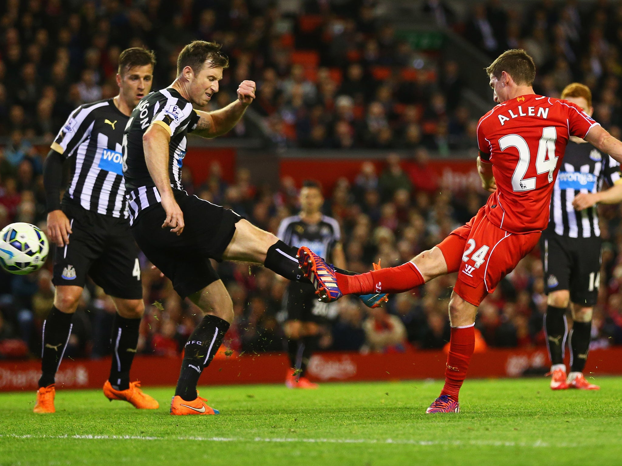 Joe Allen reacted quickest to a loose ball to score his first Premier League goal at Anfield