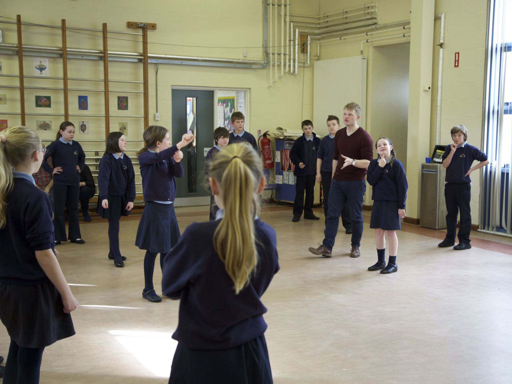 'My Mark' Donmar Warehouse Education Manager Sam Maynard with Spa Primary School pupils in County Down