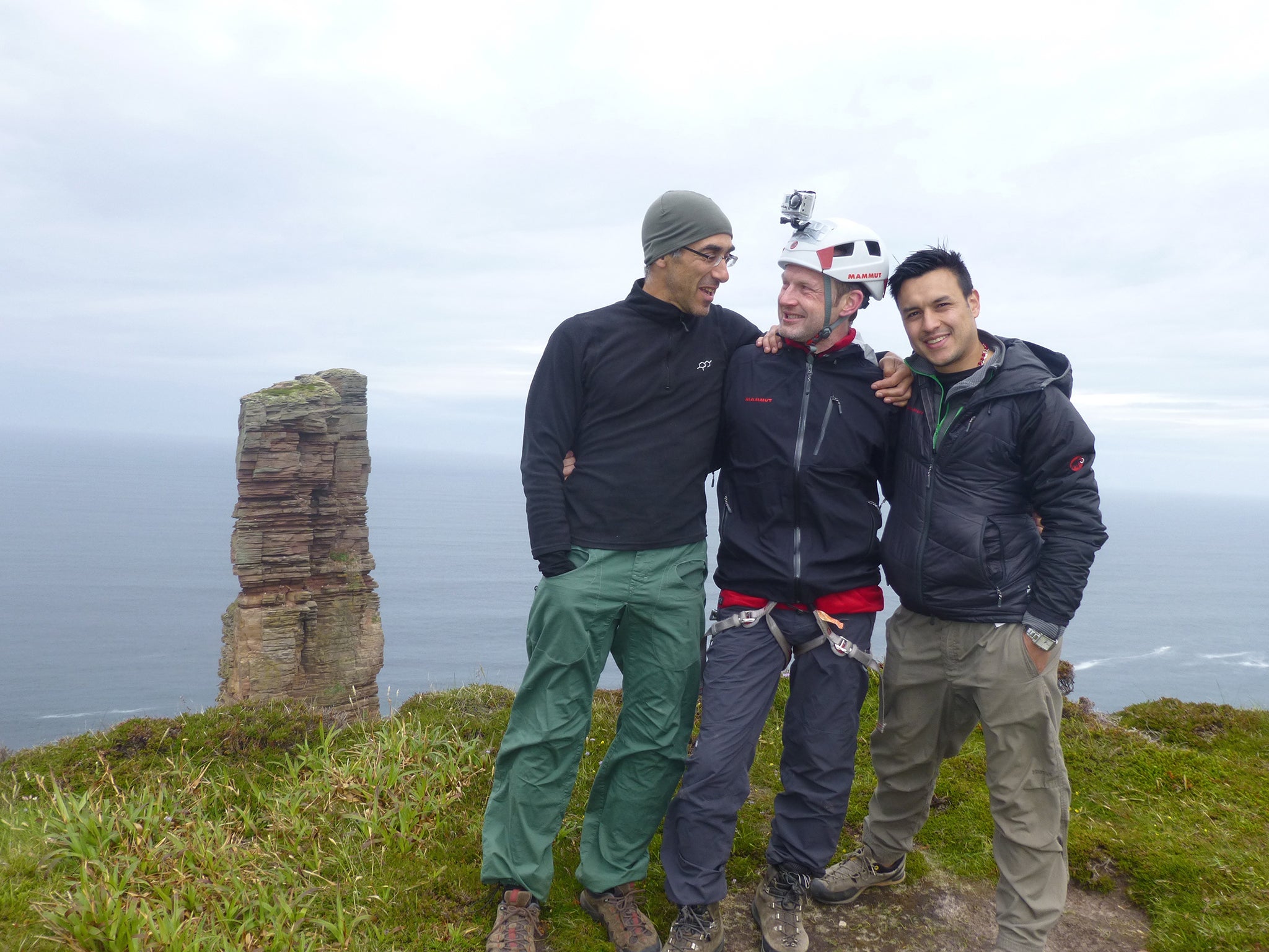 Red Széll with Matthew Wootliff and Andres Cervantes after scaling the Old Man of Hoy