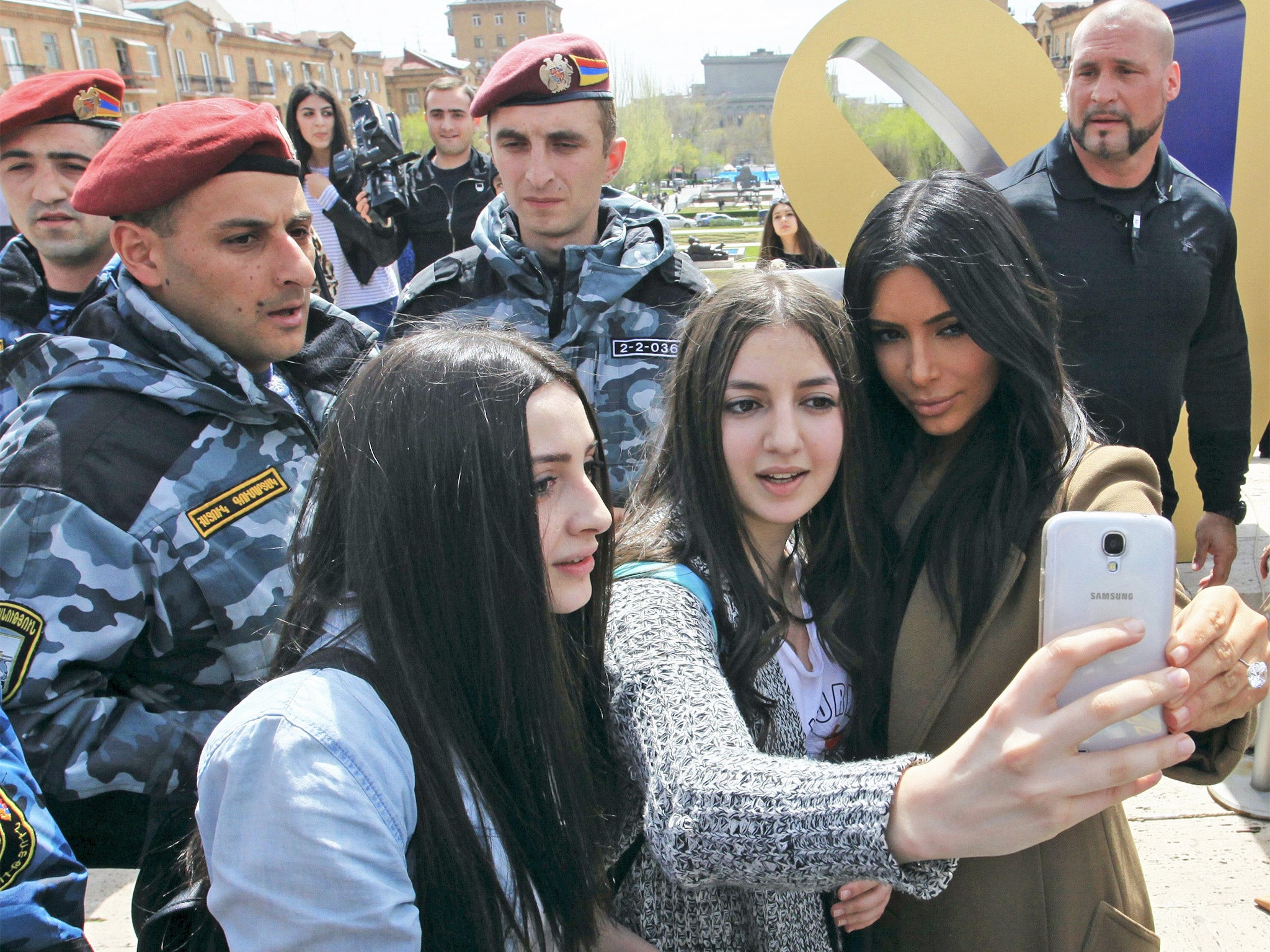 Kim Kardashian takes a selfie with fans in Yerevan