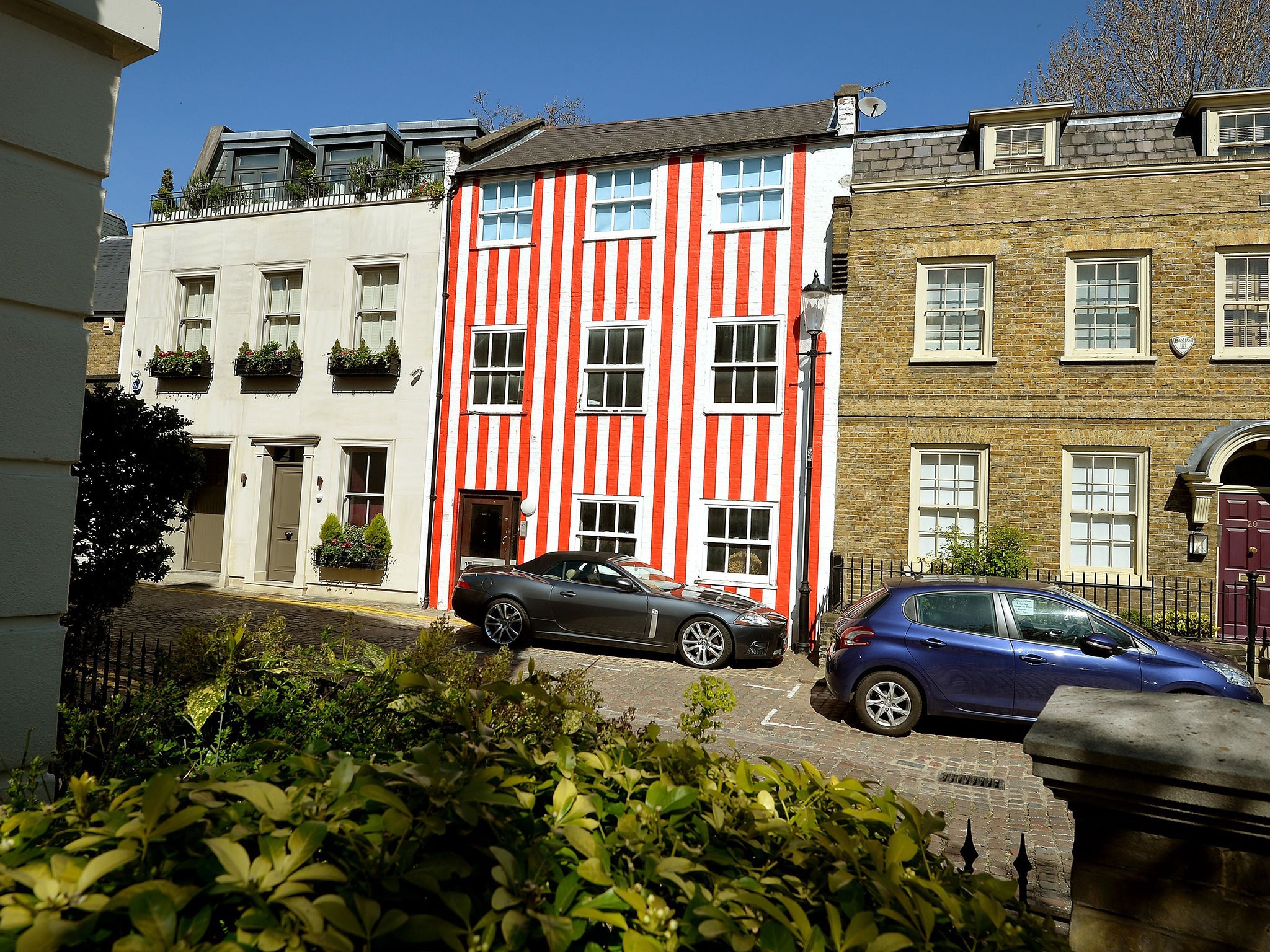 A red and white striped house in South End, Kensington, London, which was apparently painted by the owner in protest at a planning application being turned down on improvements to the property