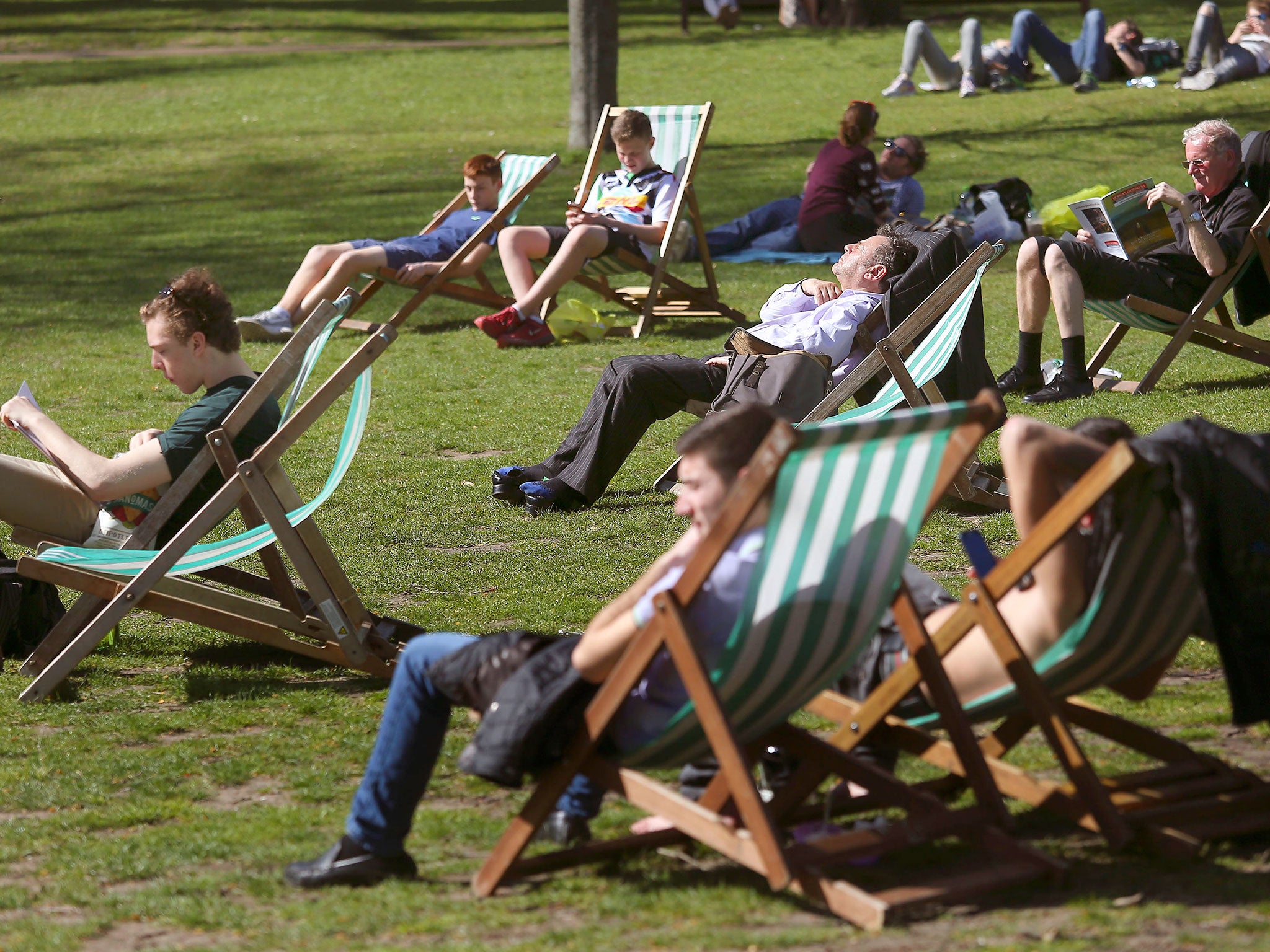 People enjoying the weather in St James's Park in London