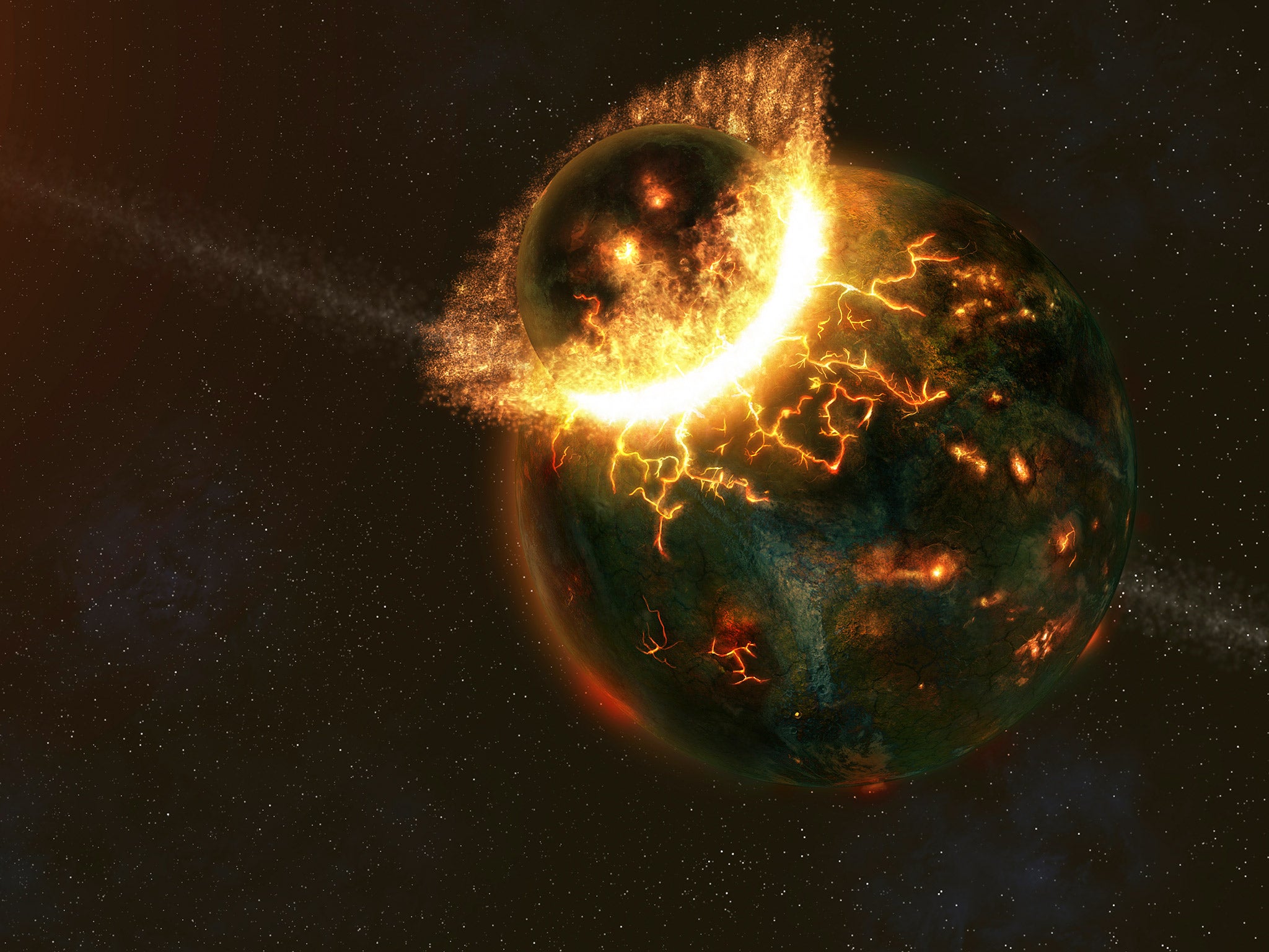 An artist's illustration of an approximately Mercury-sized object slamming into the early proto-Earth. File photo