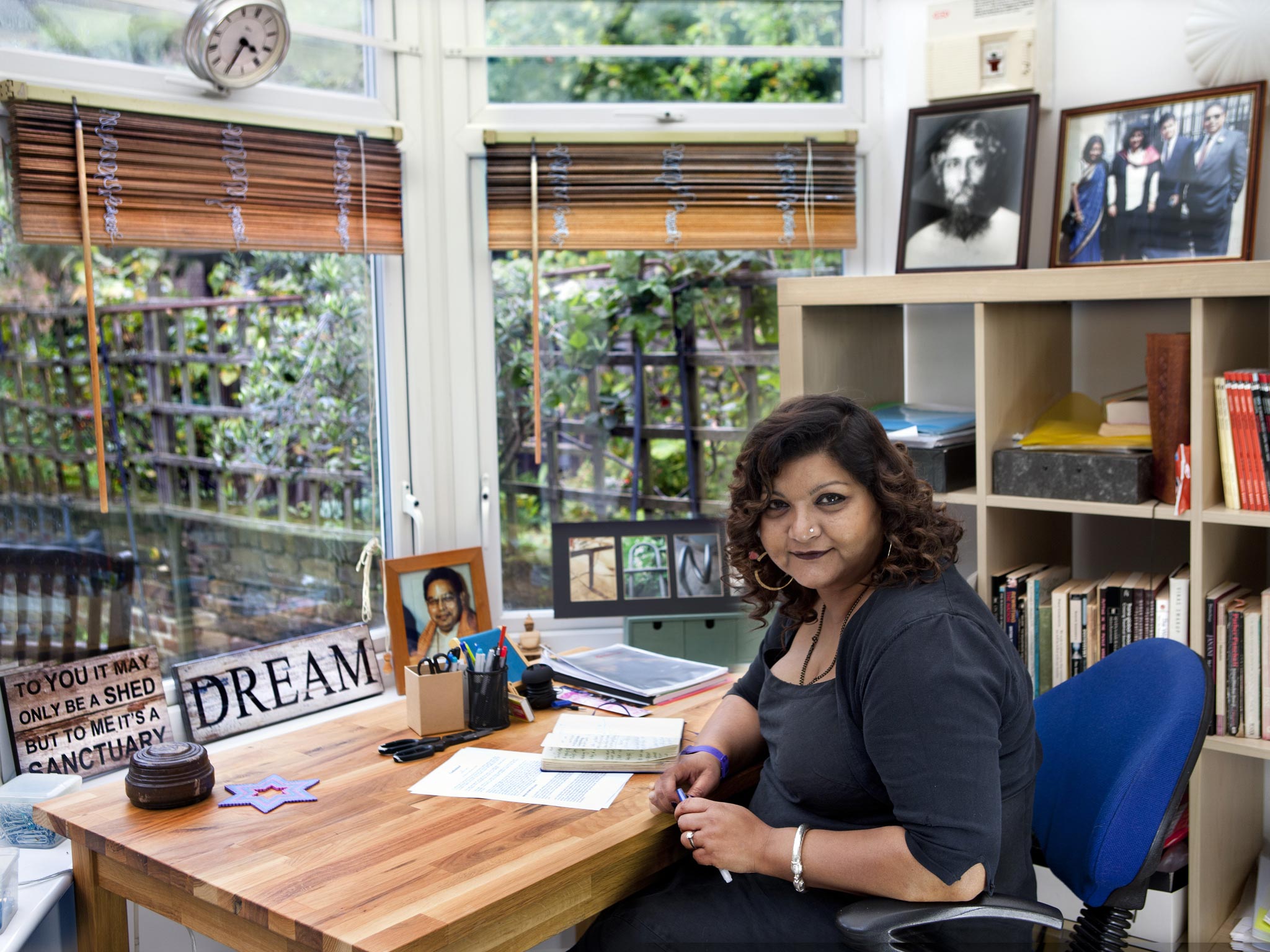 Tanika Gupta, whose plays include Meet The Mukherjees, in her garden shed in Kentish Town