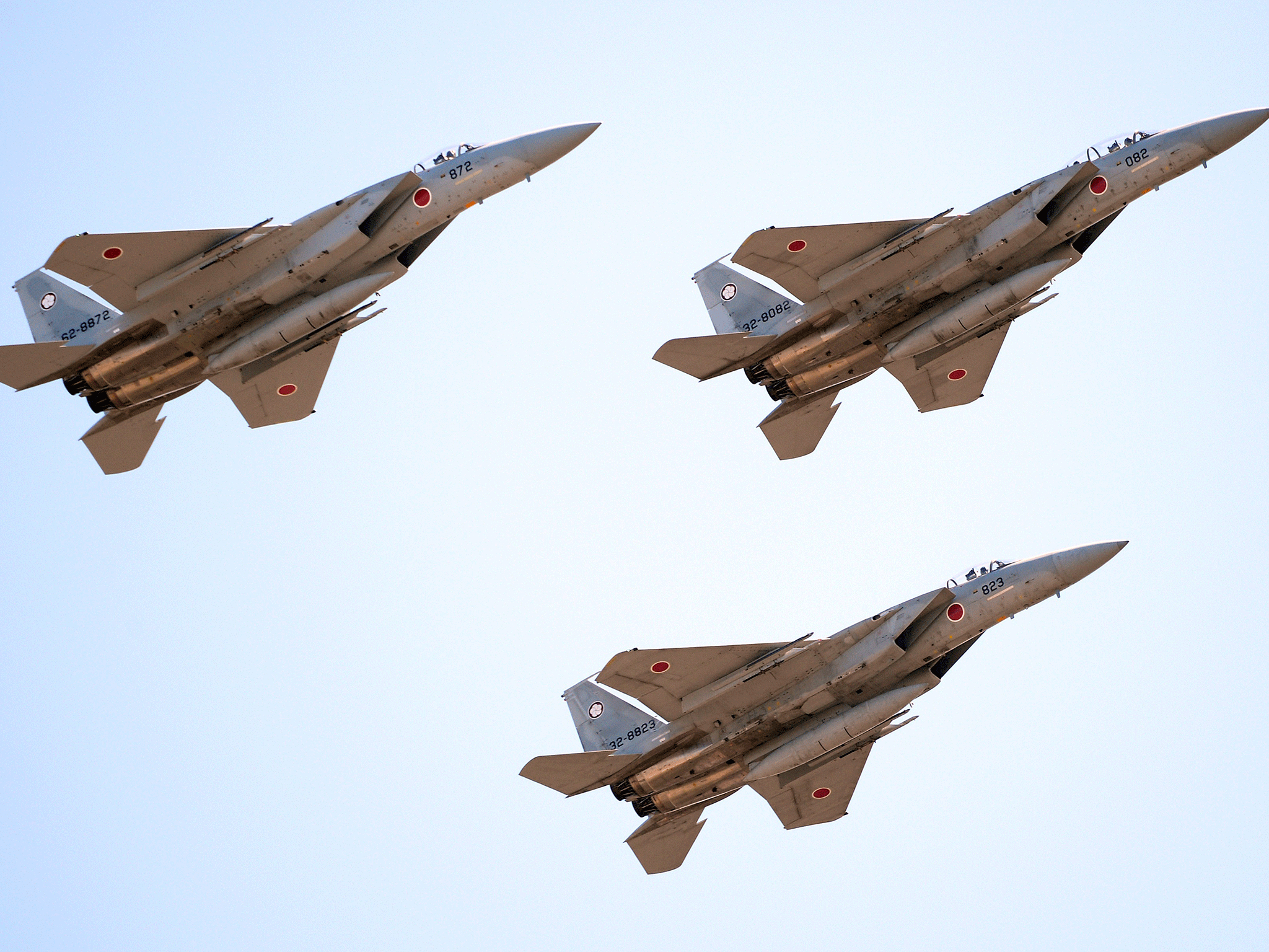 F-15 jets fly during the military review at the Ground Self-Defence Force's Asaka training ground on October 27, 2013