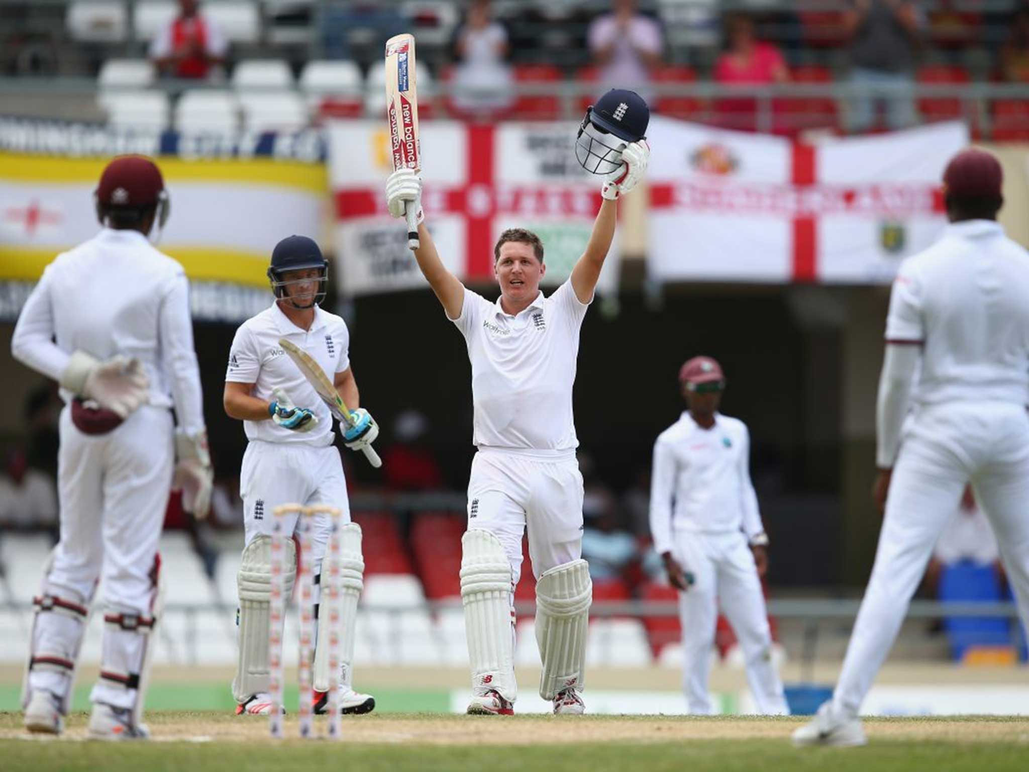 England’s No 3 Gary Ballance reaches his fourth hundred in only his ninth Test as the tourists take control of the first Test against West Indies in Antigua