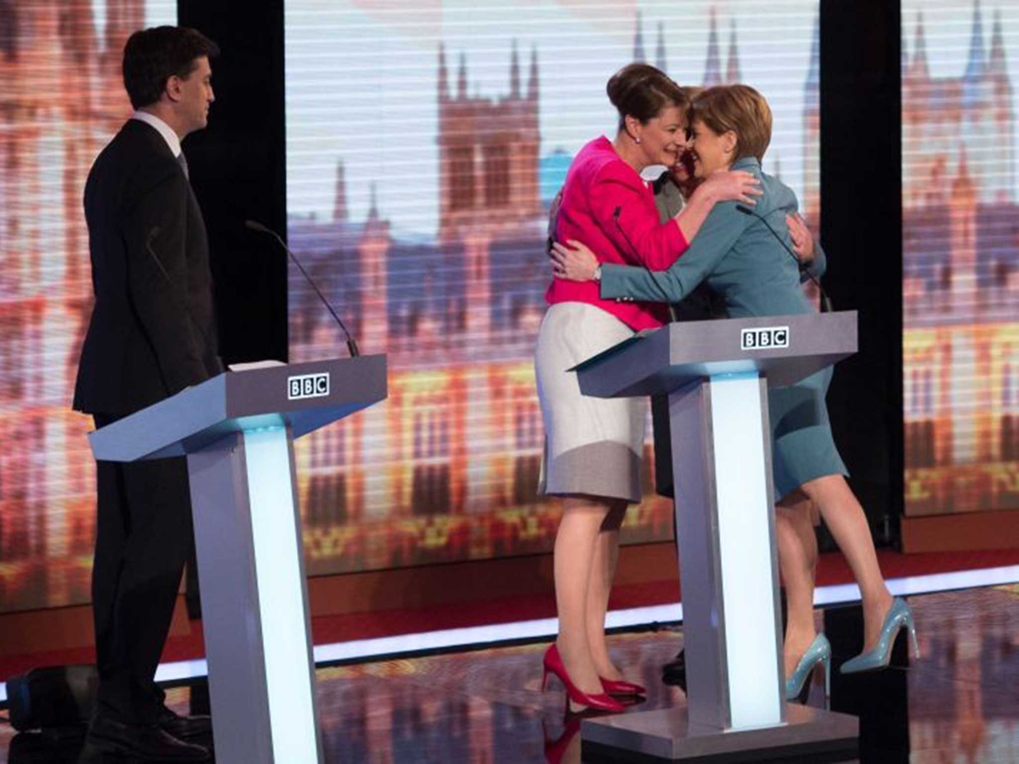 Natalie Bennett, Leanne Wood and Nicola Sturgeon embrace at the end of the 5-way TV debate