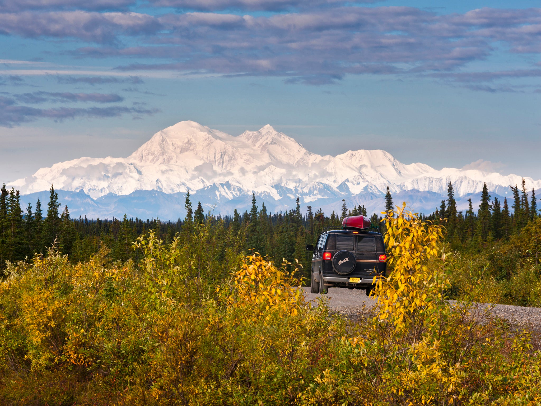 Denali Highway, Interior Alaska, view of east and south face of Mt. McKinley with fall colors near western end close to Cantwell