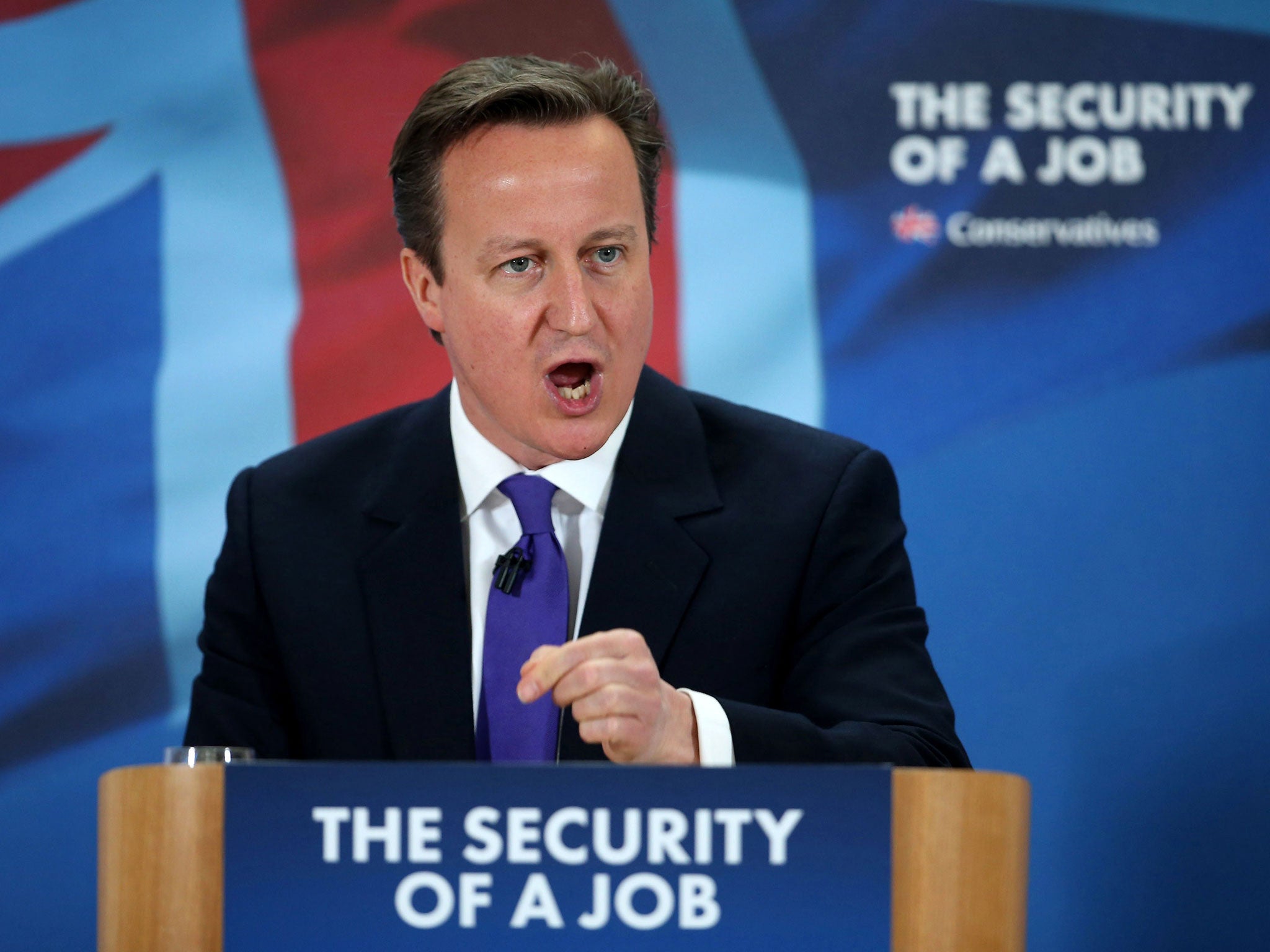 British Prime Minister David Cameron addresses Fujitsu employees in Birmingham. The leader of the Conservative Party is spending the day campaigning in the West Midlands and Wales ahead of the general election in May