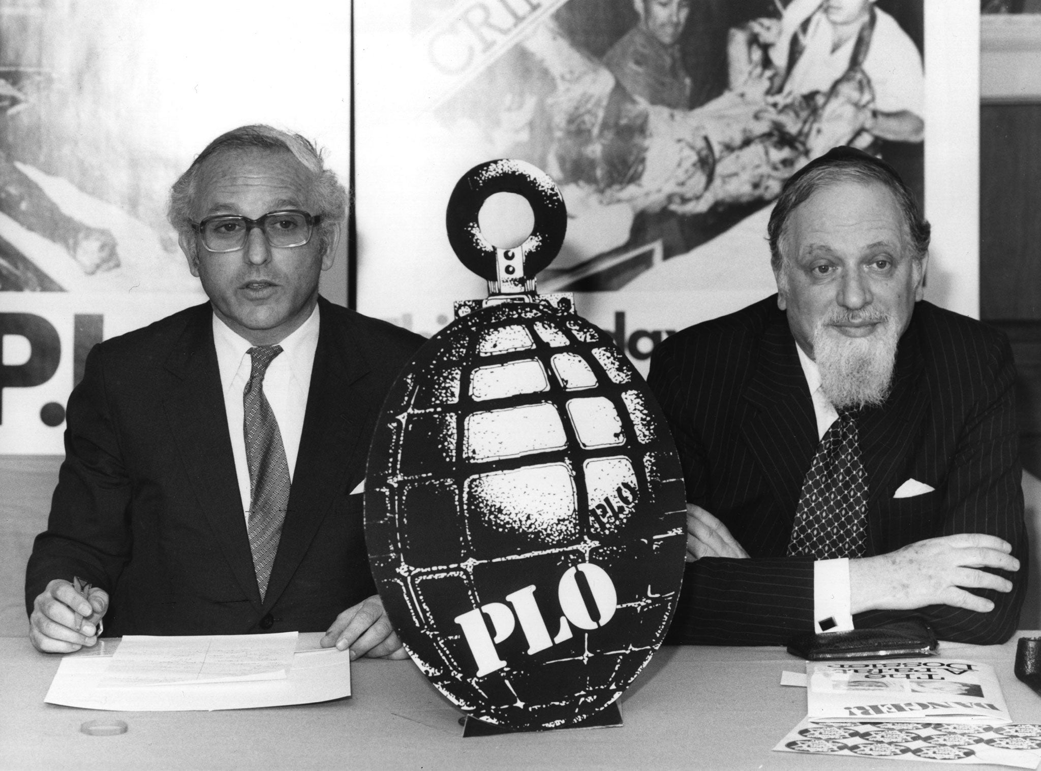 Lord Janner (left) and Chief Rabbi Sir Immanuel Jackobouitz, at a press conference to announce a rally on 29 June 1982.