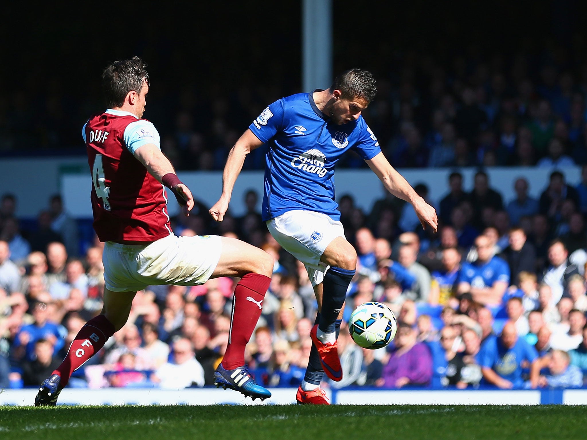 Kevin Mirallas shoots at the second time of asking to score for Everton