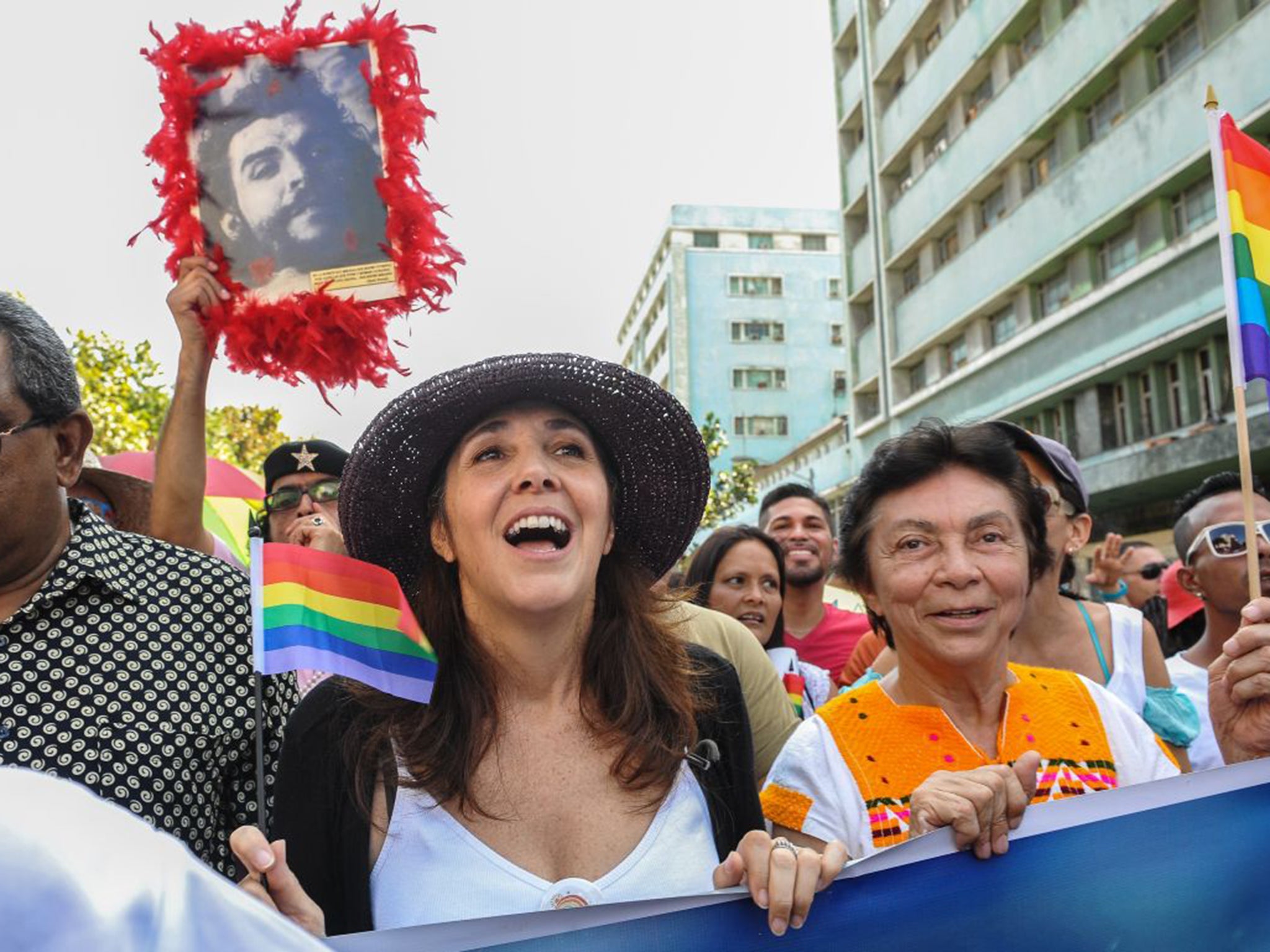 Mariela Castro, in hat, leading a protest against homophobia in Havana