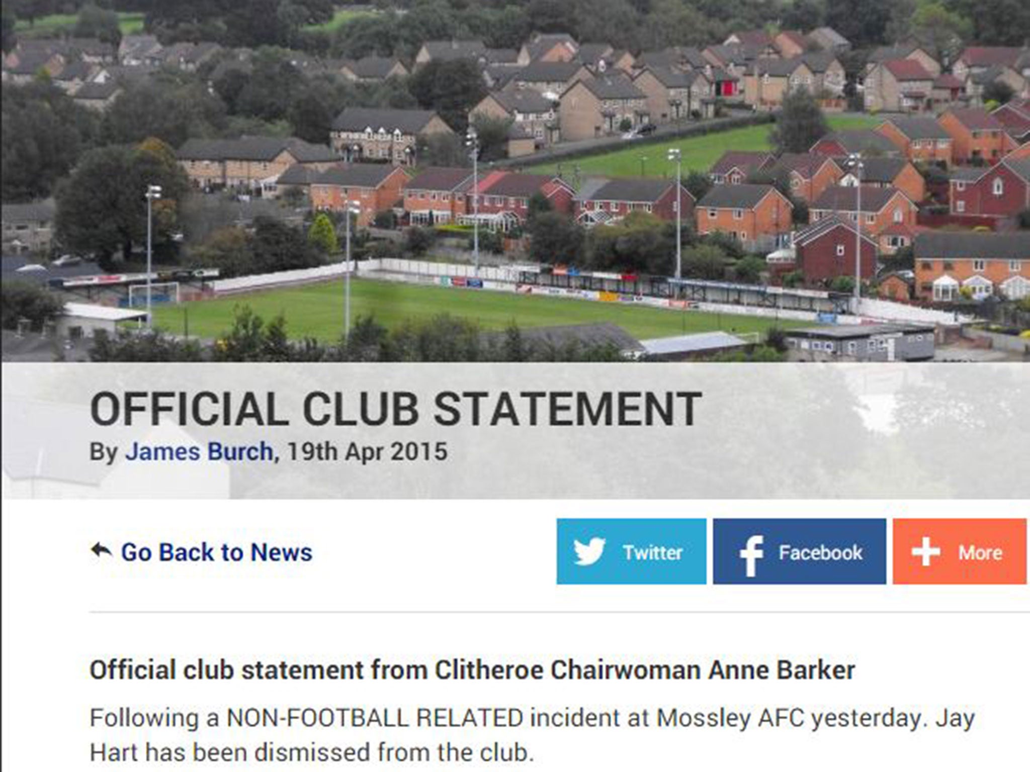 The official club statement issued on the Clitheroe FC website