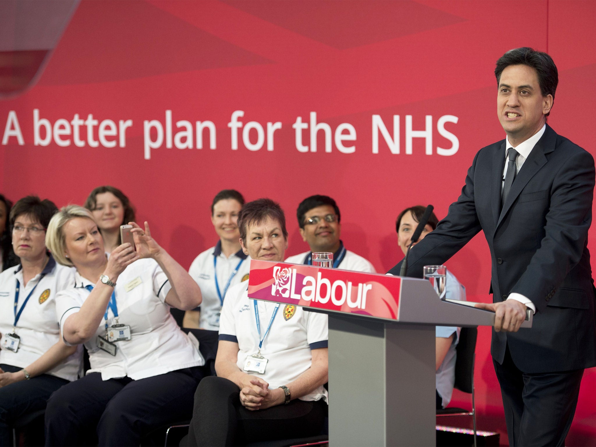 Ed Miliband addresses an audience in the Brooks Building of Manchester Metropolitan University on the subject of healthcare, on Tuesday