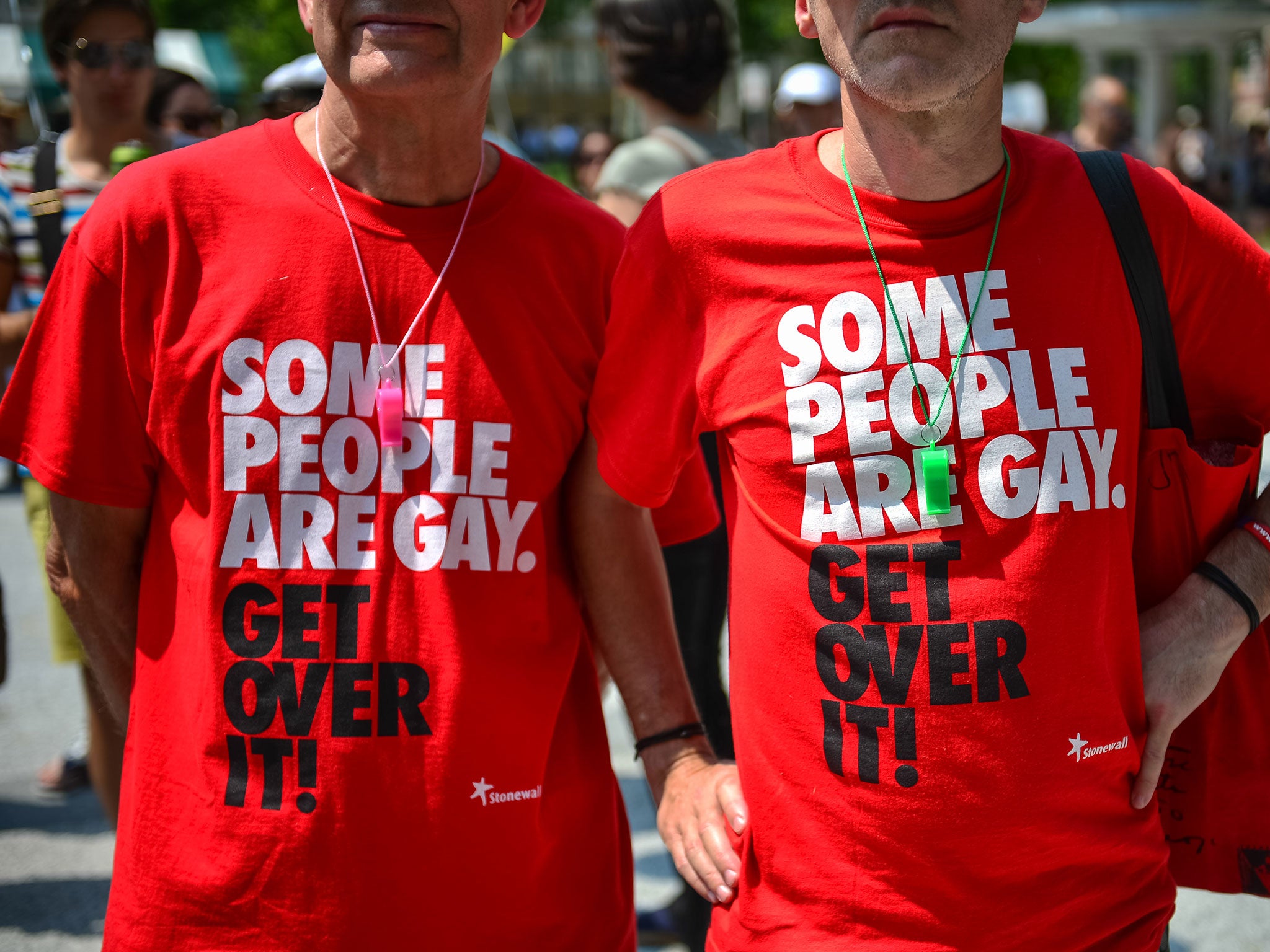 Two men wear Stonewall t-shirts during the Gay Pride Parade in Ljubljana, Slovenia (Image: Getty Images)