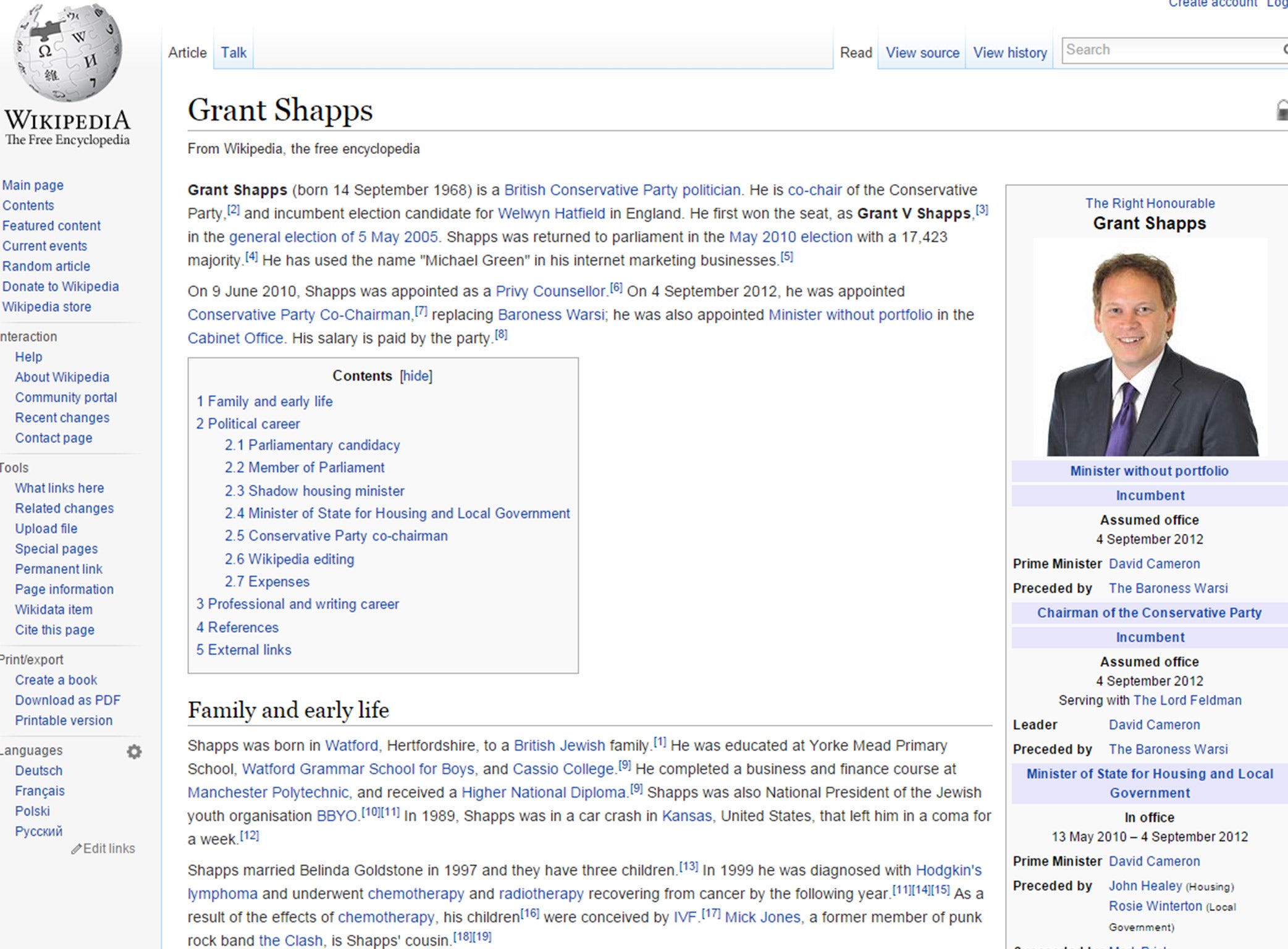 Grant Shapps' Wikipedia page