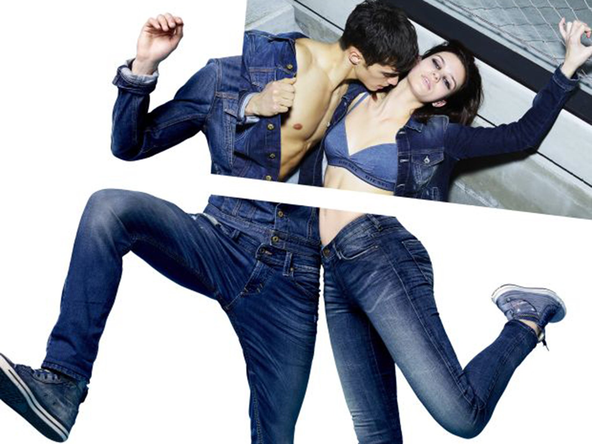 He wears jacket £220, jeans £200, shoes £125; She wears jacket £220, jeans £190, shoes £120; all Diesel, selfridges.com