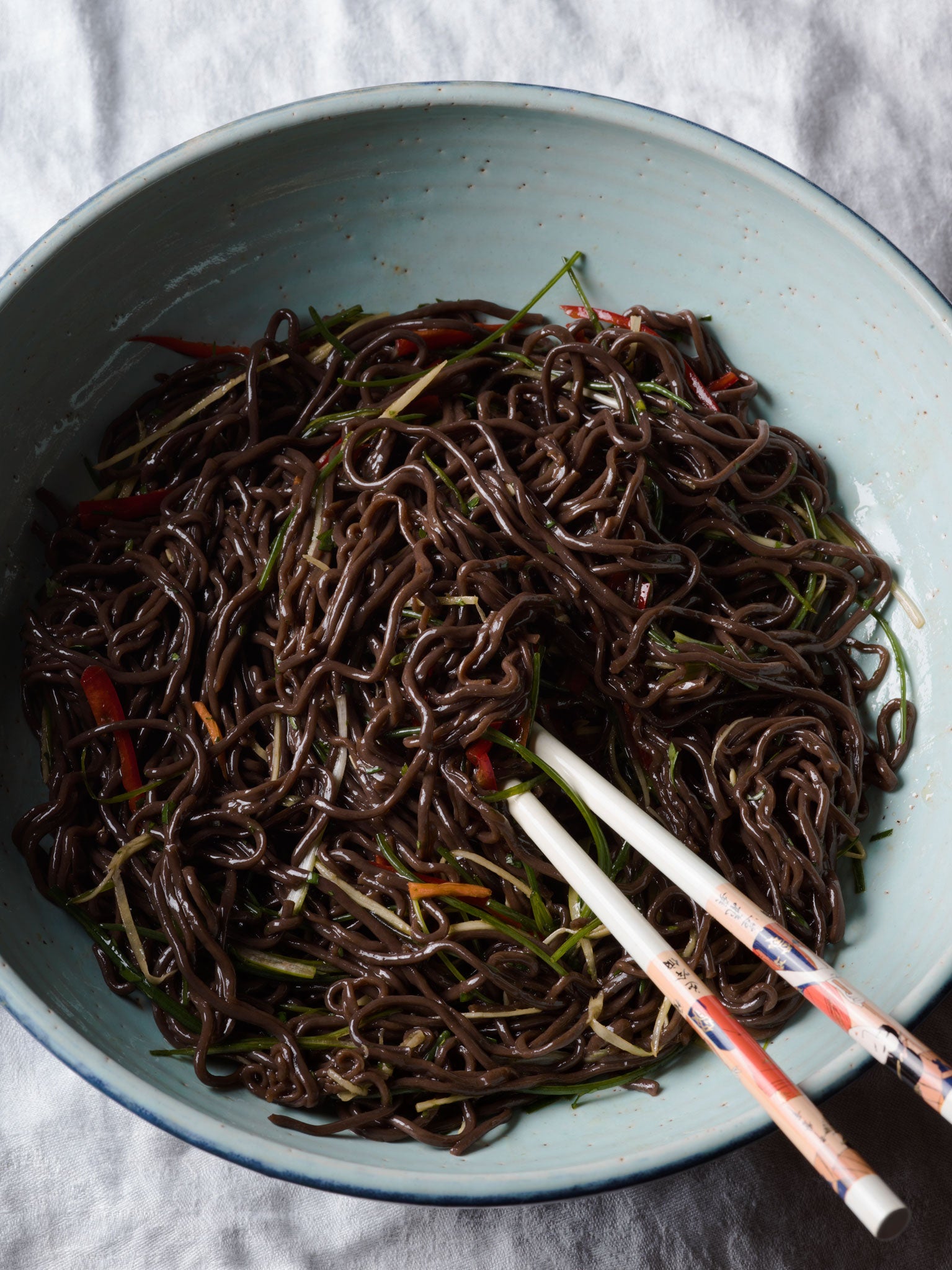 Fern root vermicelli, chilli, spring onion and ginger salad