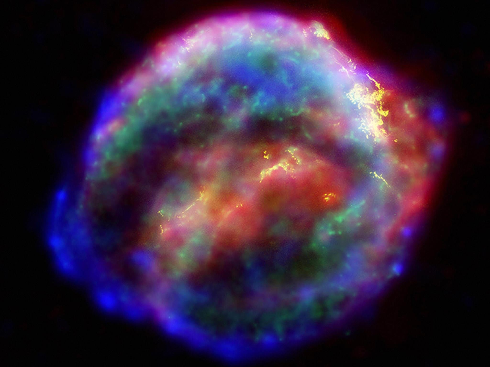 Kepler's supernova remnant produced by combining data from NASA's three Great Observatories the Hubble Space Telescope, the Spitzer Space Telescope, and the Chandra X-ray Observatory