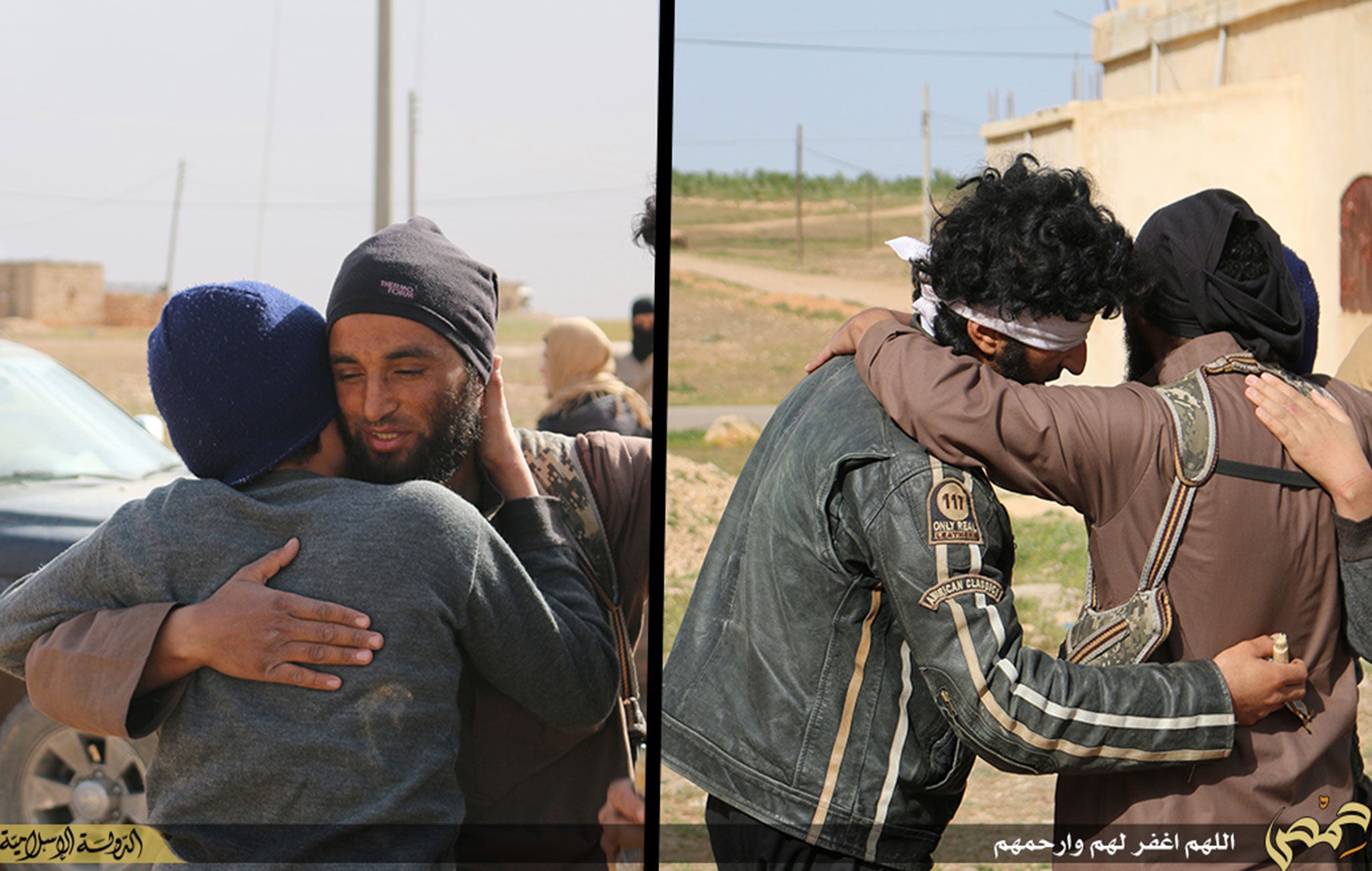 The men are embraced by militants before their brutal execution