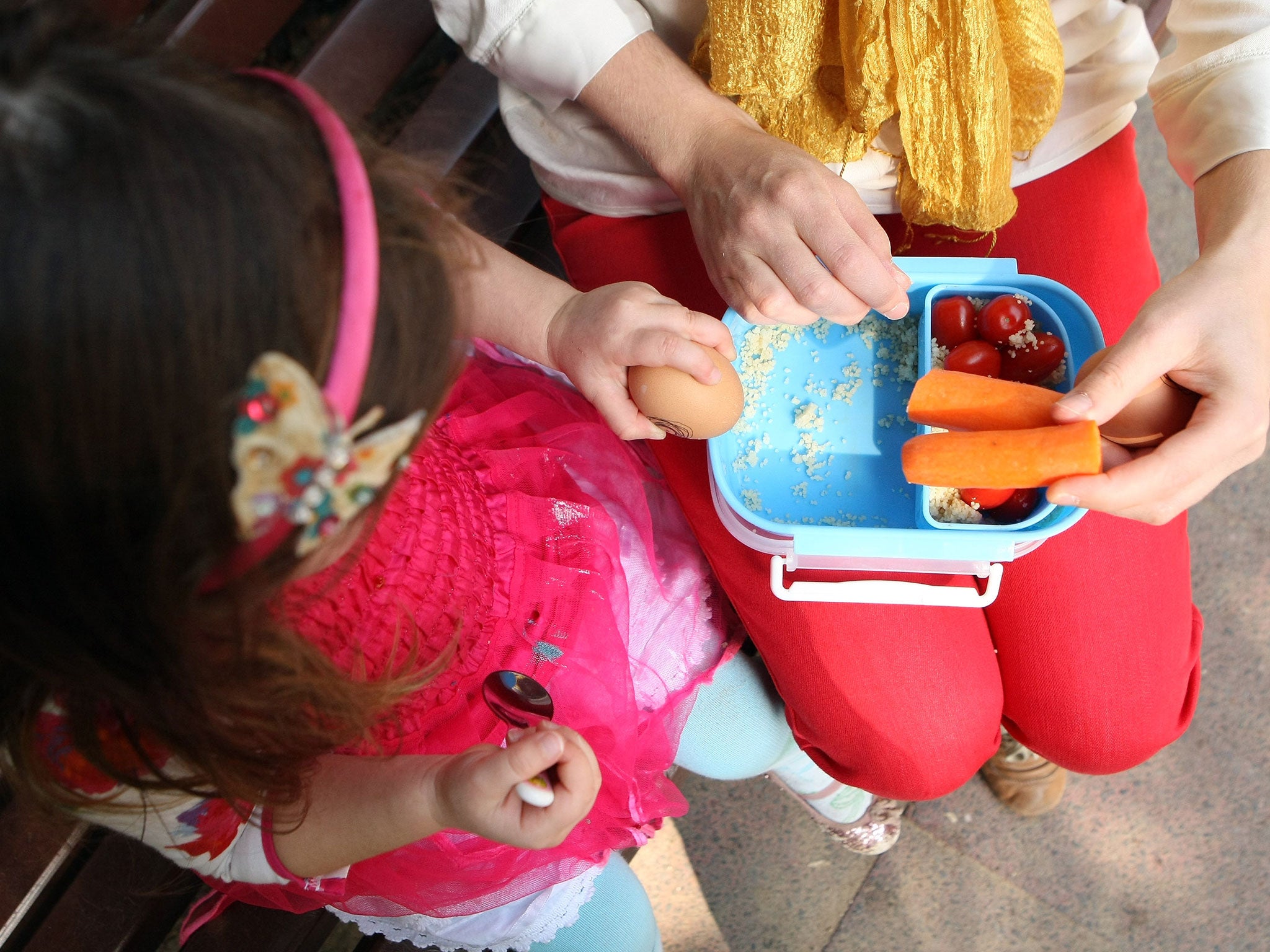 A mother and her three-year-old daughter eat lunch together on a park bench on September 16, 2012 in Berlin, Germany. Germany is currently debating the introduction of a nation-wide home child care subsidy (Betreuungsgeld), which would provide parents of