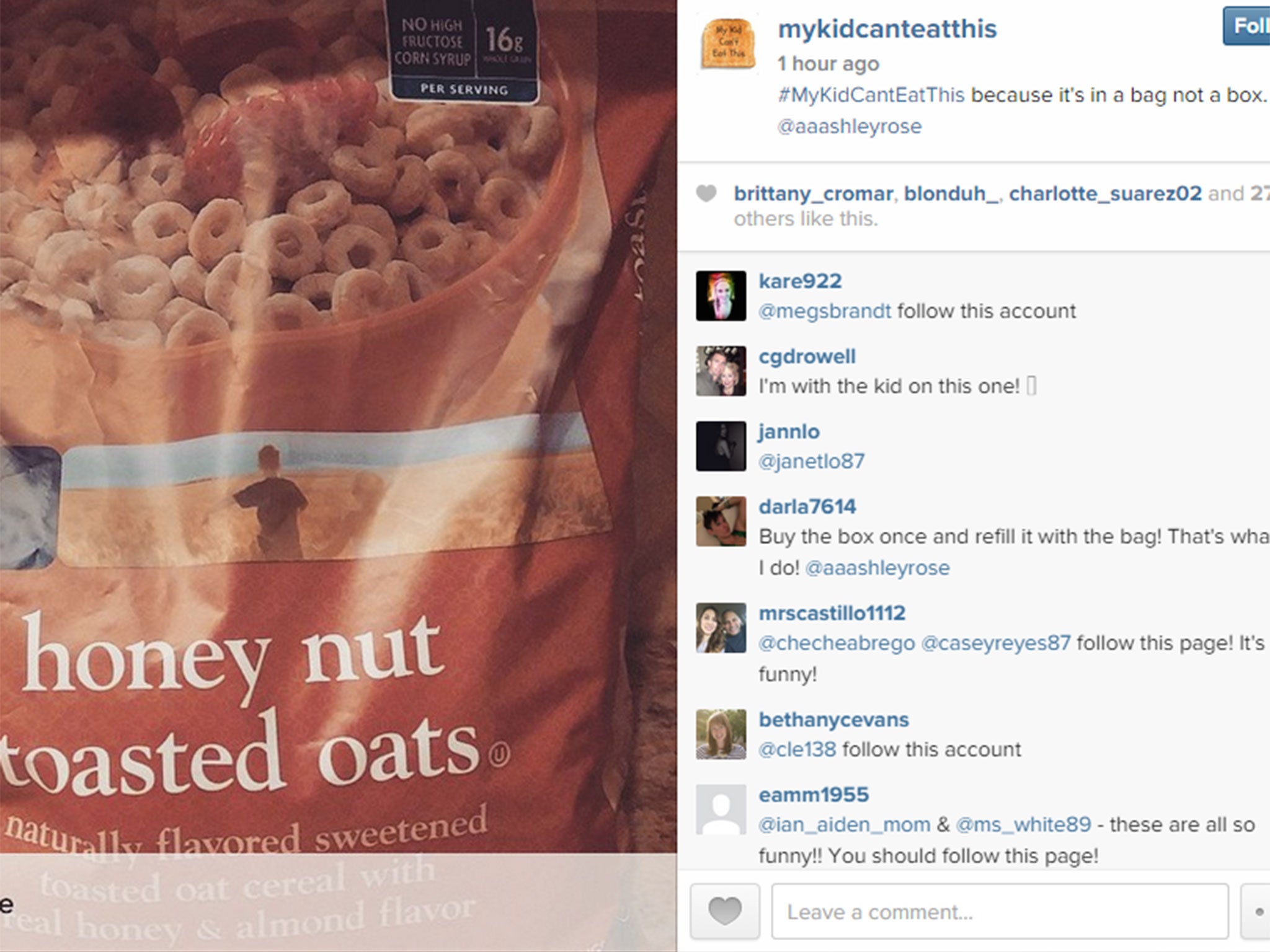 A child rejected this cereal because it wasn't in a box... (Image: Instagram/Aaashleyrose)