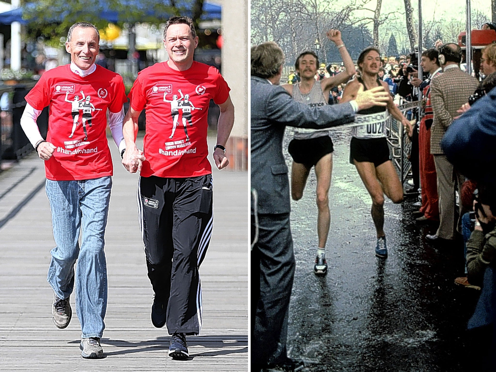 Dick Beardsley (above left) and Inge Simonsen reunited in London this week and crossing the finish line in 1981