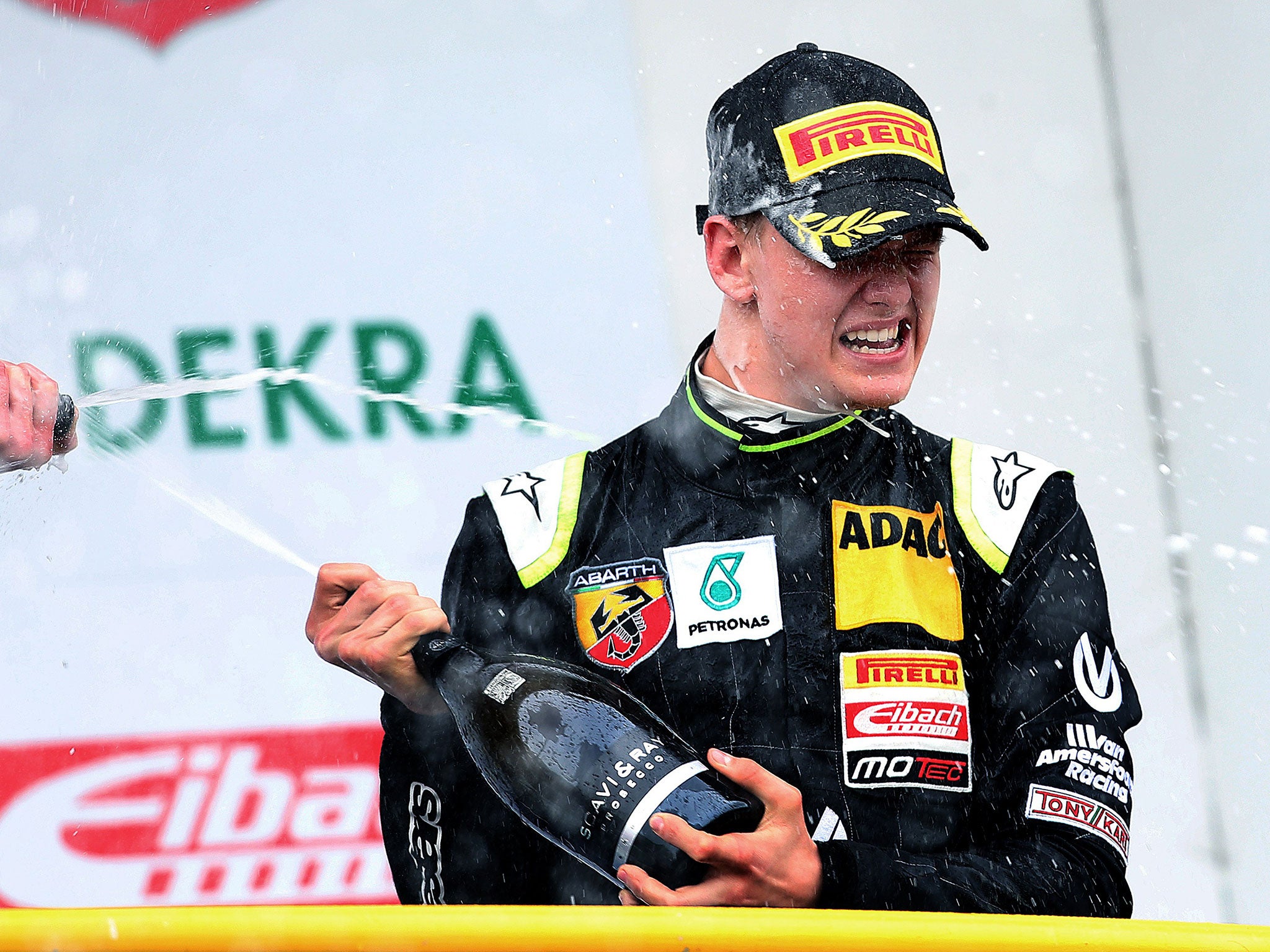 Mick Schumacher celebrates his ninth-place finish