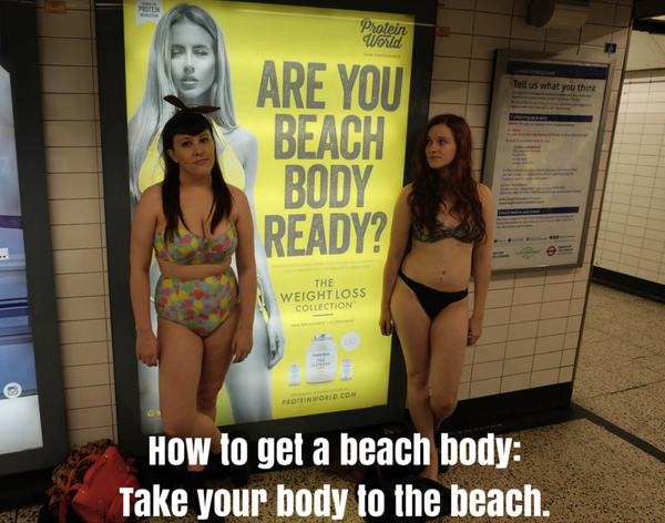 Bloggers Fiona Longmuir and Tara Costello posed in their bikinis in front of the sign