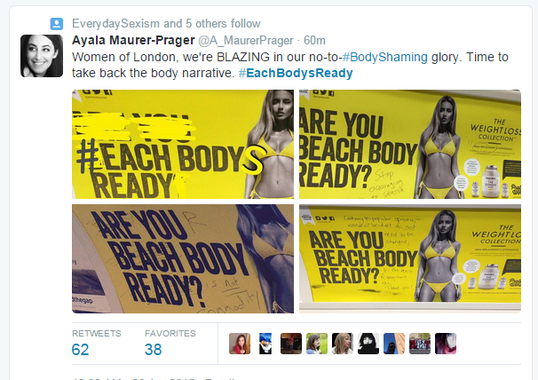 People have been defacing the posters and tweeting pictures with the hashtag #eachbodysready