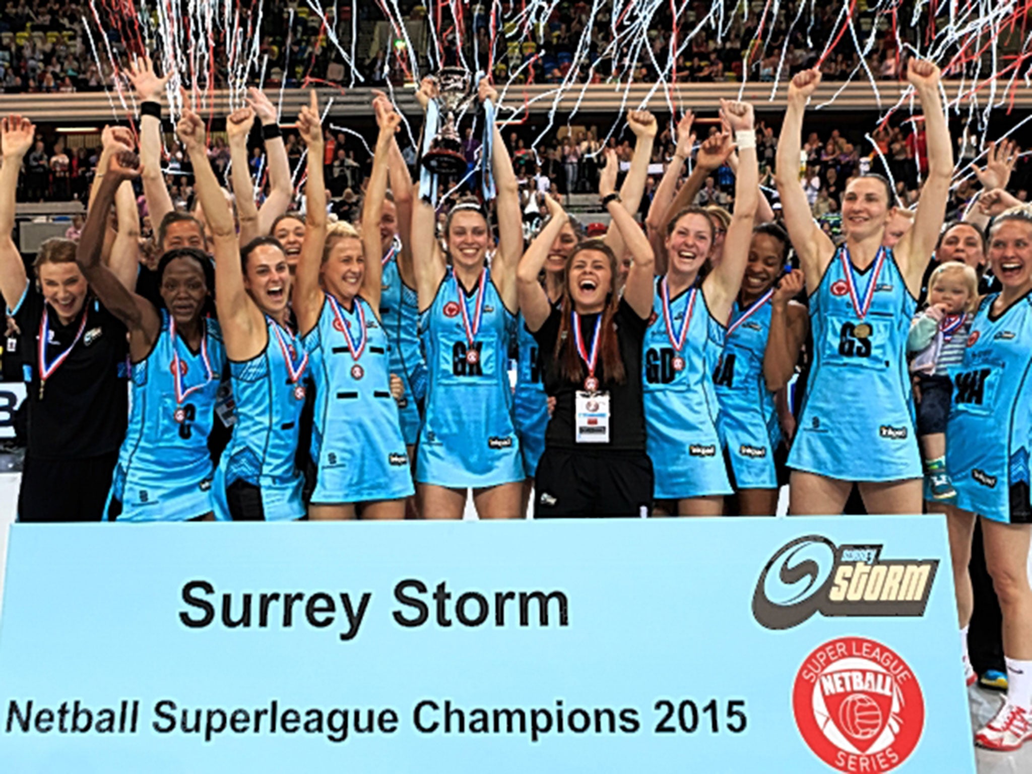 Surrey Storm celebrate their triumph in the Superleague Grand Final