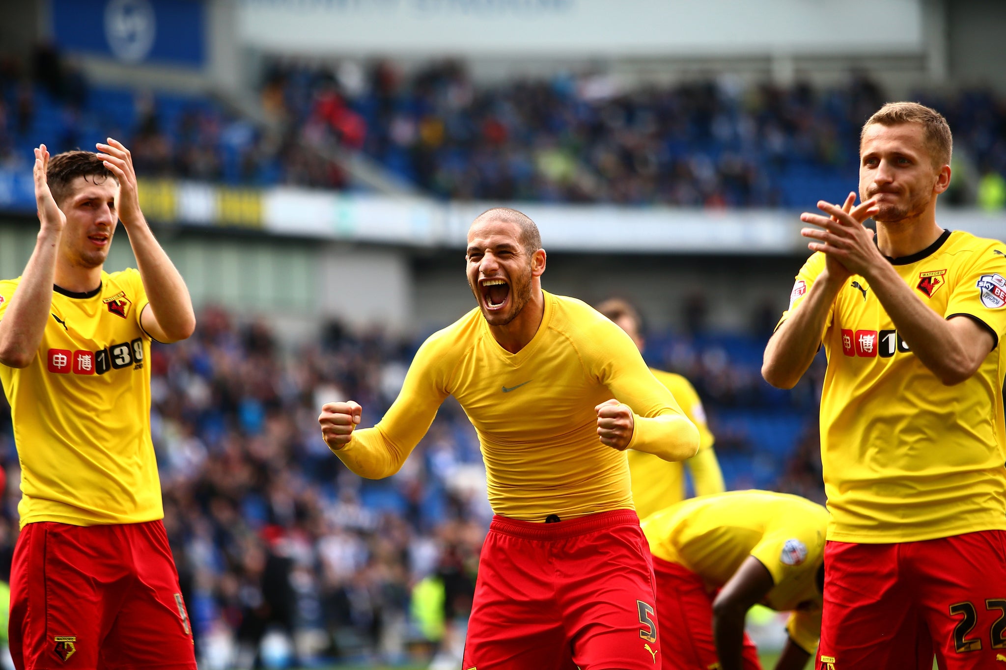 Watford celebrate the win over Brighton, which ultimately sealed their promotion