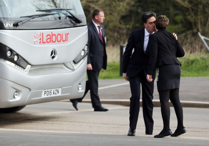 Ed Miliband greets Jo McCarron on a visit to Kingswood during the campaign