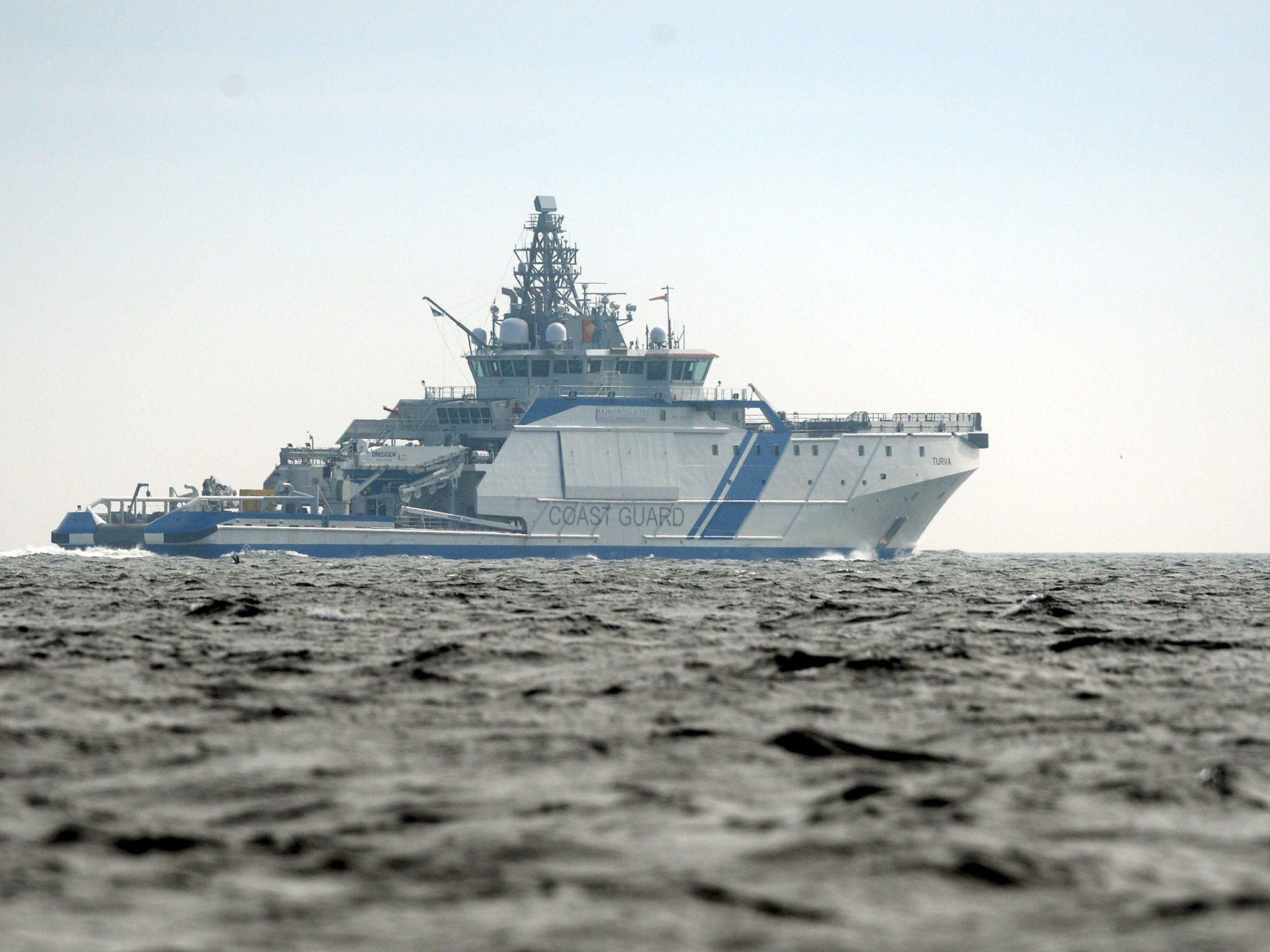 Finnish Border Guard ship, Turva, is seen guarding the waters near Helsinki, April 28, 2015. The Finnish military fired on Tuesday handheld underwater depth charges as a warning against a suspected submarine in waters near Helsinki