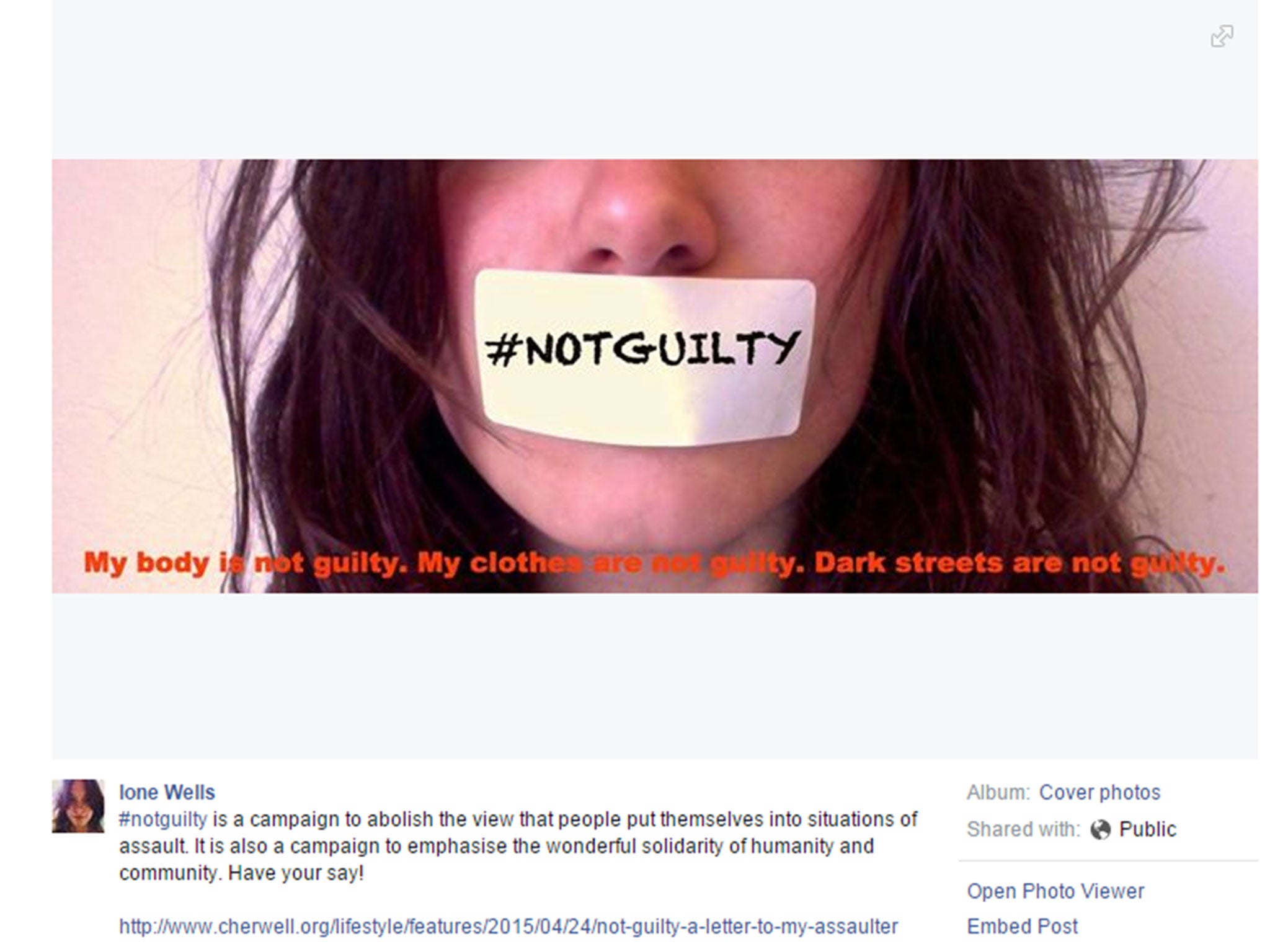 Ione Wells urges her Facebook friends to support her #NotGuilty campaign