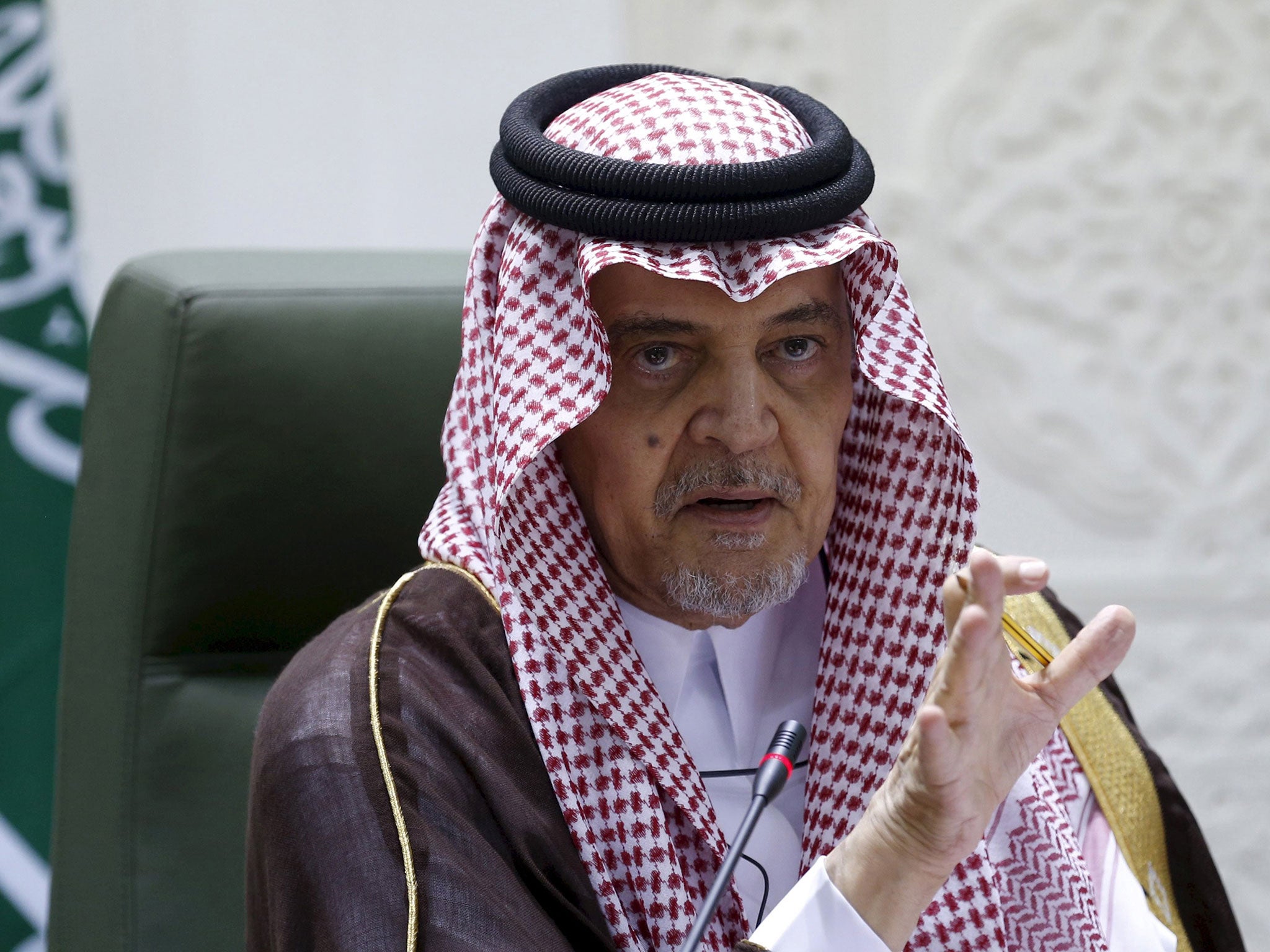 On his way out: Longstanding Saudi foreign minister Prince Saud al-Faisal gestures during a news conference in Riyadh on 12 April, 2015