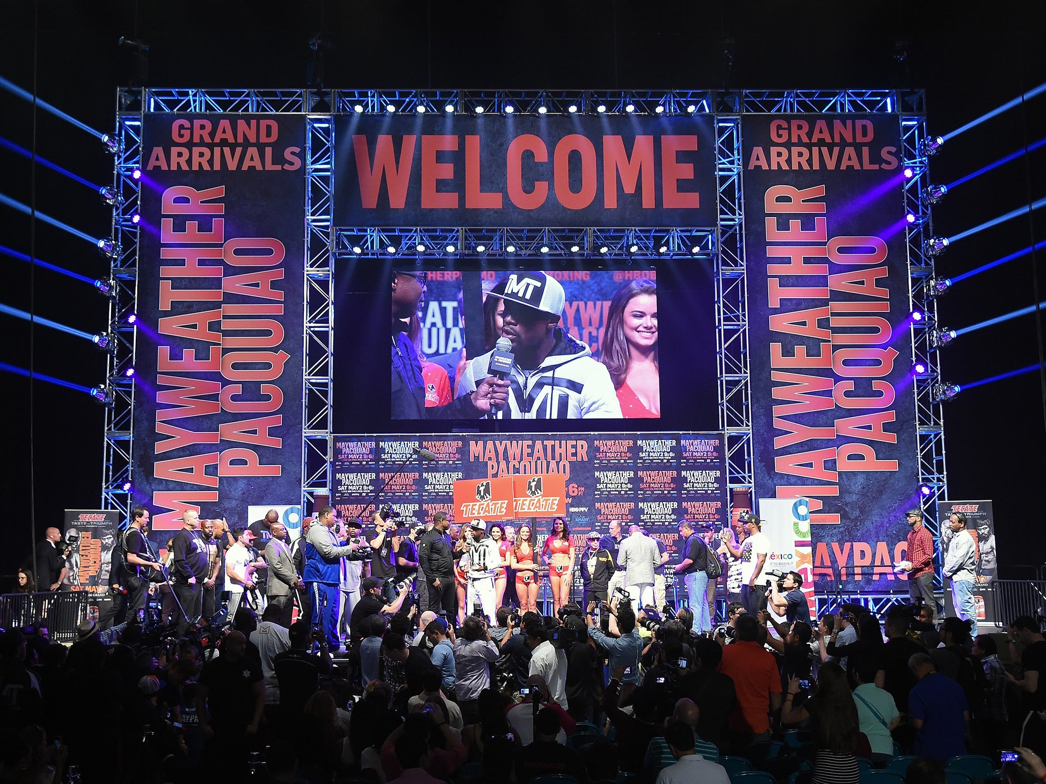 Floyd Mayweather Jr is interviewed by rapper Doug E Fresh at MGM Grand Garden Arena