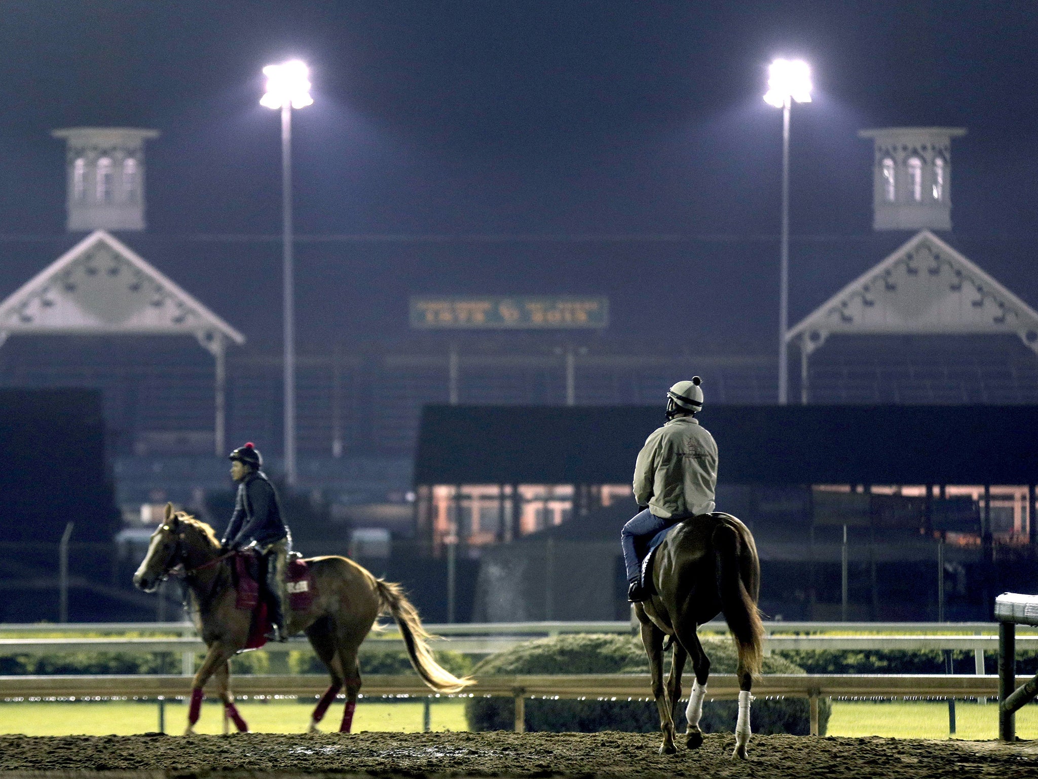 Horses are given an early morning workout at Churchill Downs race track in
Louisville ahead of tomorrow’s Kentucky Derby