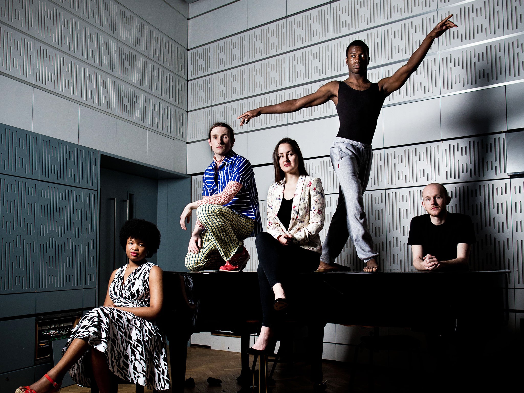 Above, left to right: Chibundu Onuzo, Richard Malone, Montgomery Sadler, Folu Odimayo and Edward Dowsett. The five artists gathered in London to promote tomorrow’s Radio 3 Young Artists Day