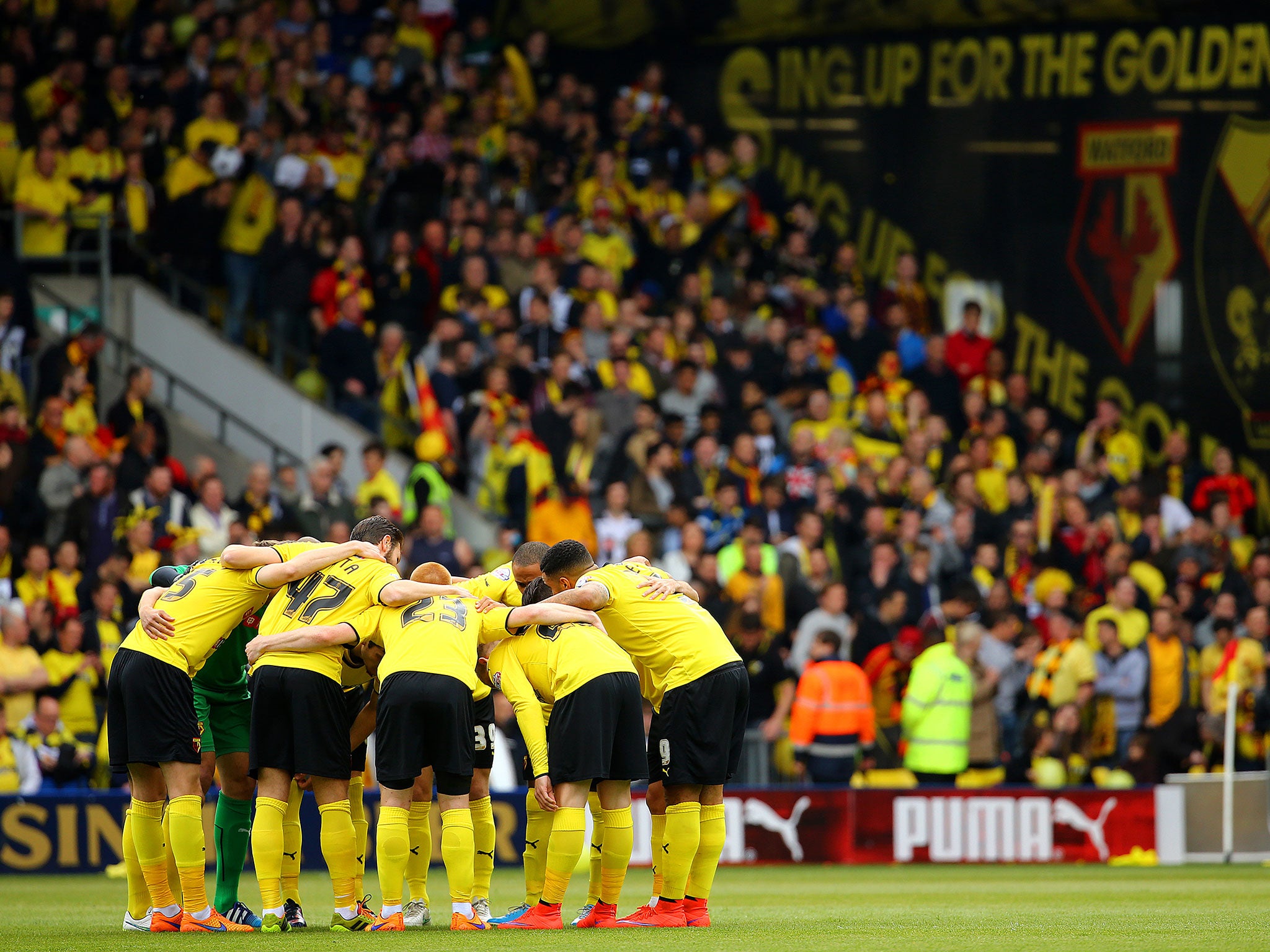 Watford huddle up before the final game of the season