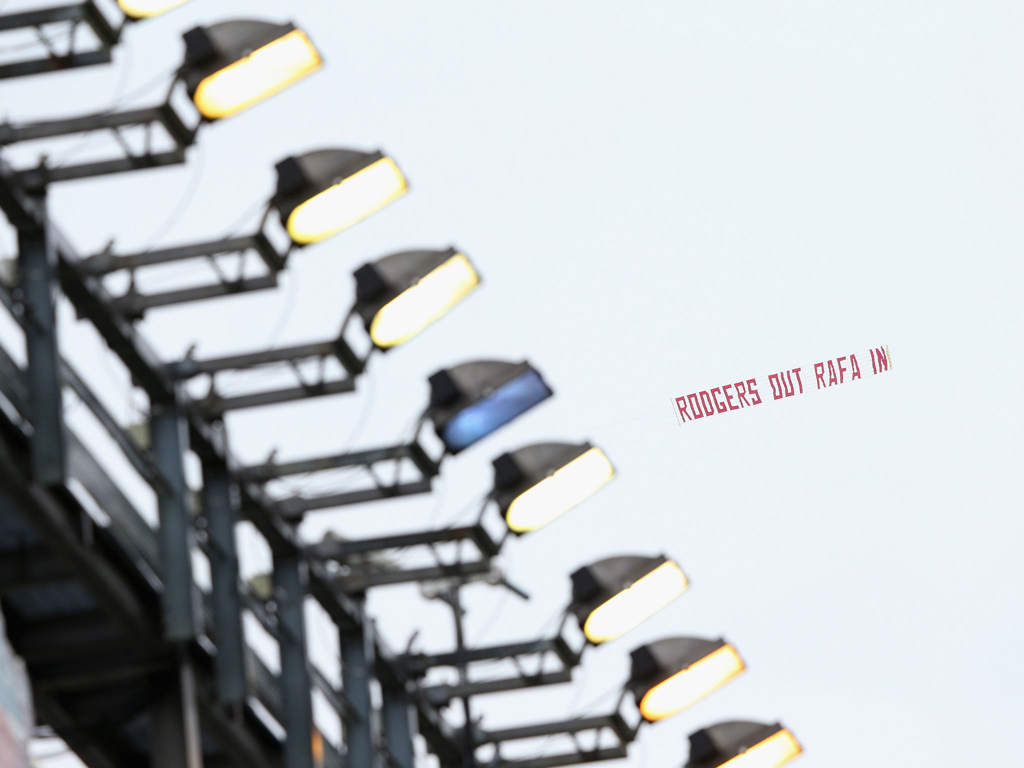 A banner appears over Anfield calling for Brendan Rodgers to be sacked