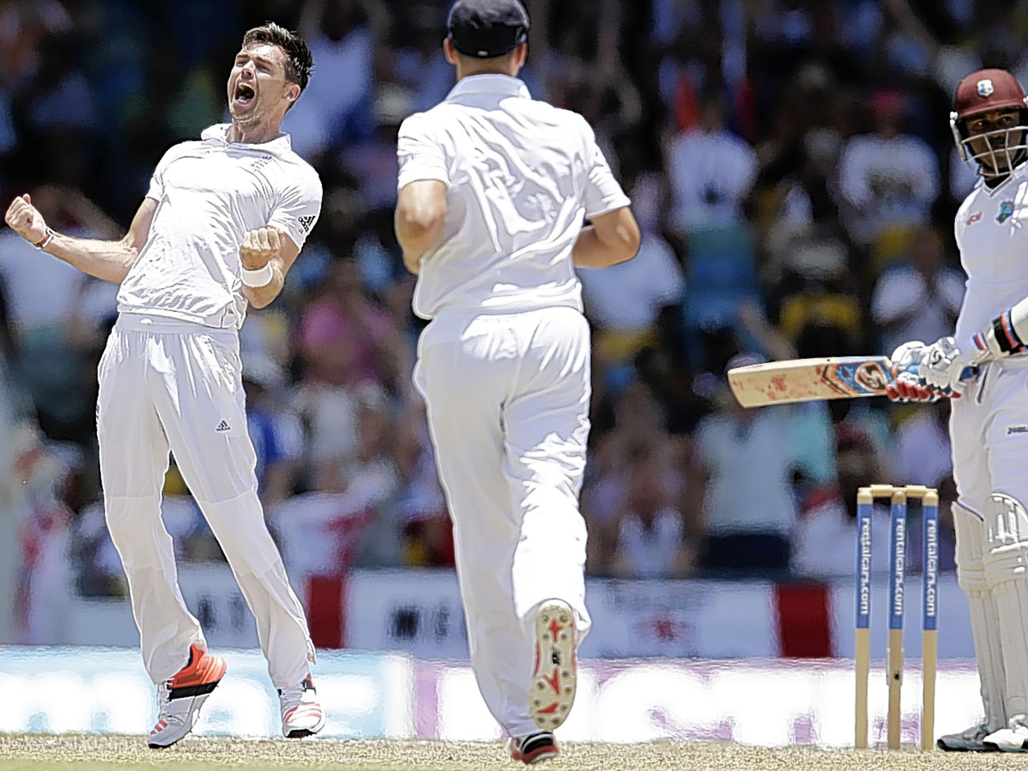 Jimmy Anderson celebrates trapping Marlon Samuels lbw to pick up his third wicket