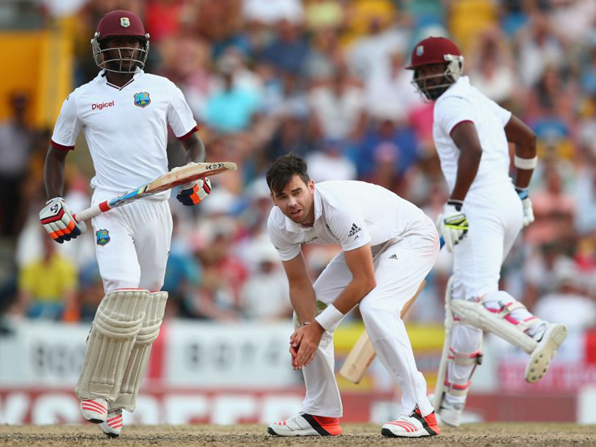 Jimmy Anderson shows his frustration as a chance goes begging for England