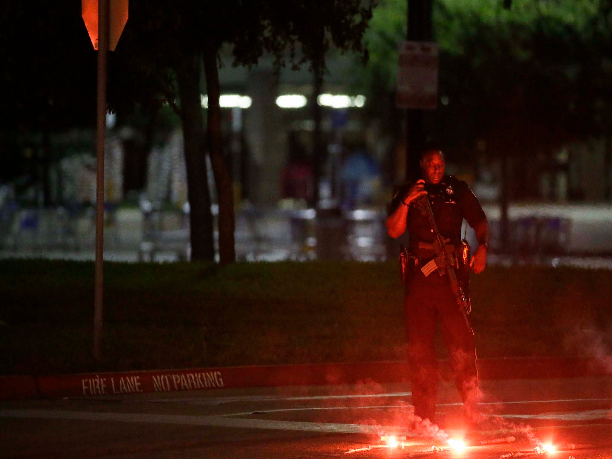 Officers in Garland, Texas, after a two men opened fire at a Prophet Mohammad cartoon exhibition